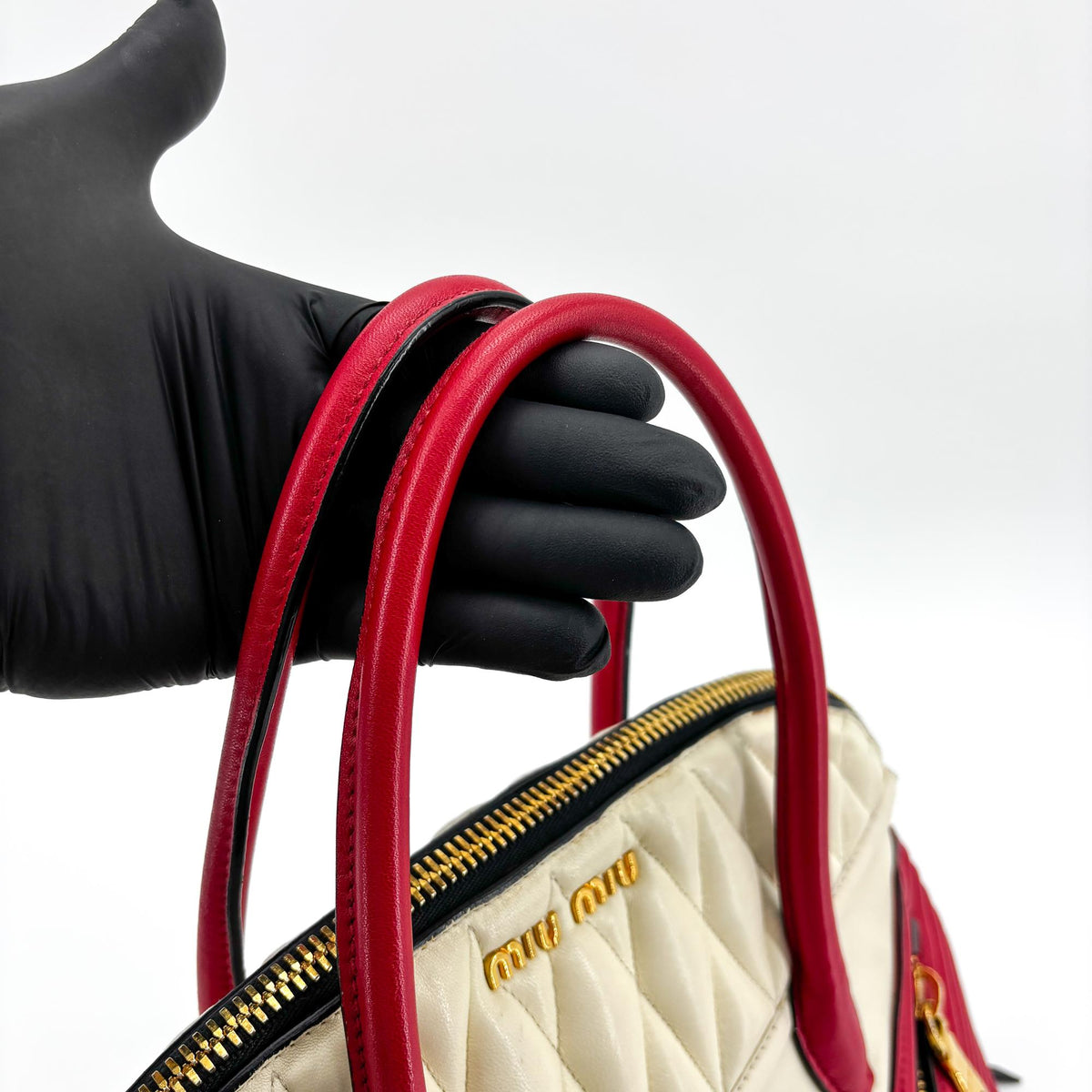 Miu Miu Biker Convertible Dome Satchel Quilted Leather Red Leather Handbag (Pre-Owned)