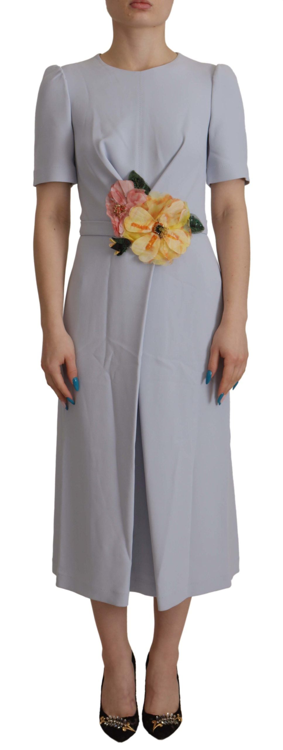 Dolce & Gabbana Blue Floral Applique Midi Viscose Women's Dress