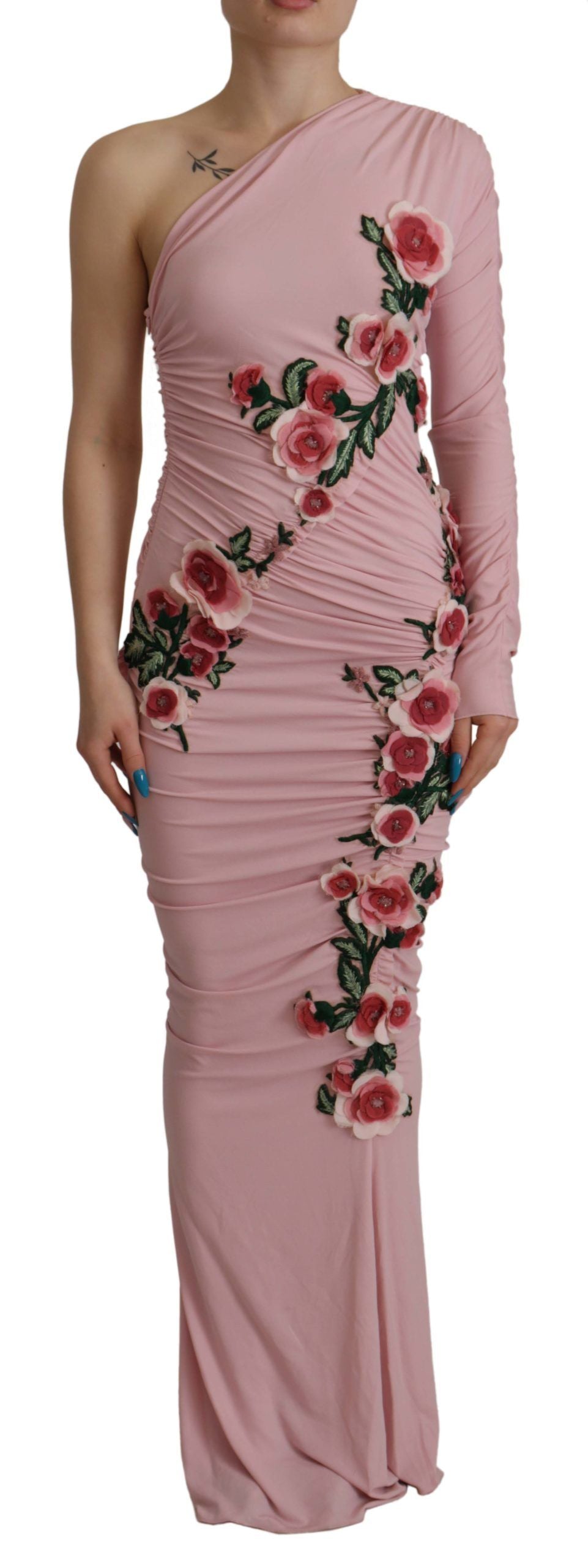 Dolce & Gabbana Pink Flower Embellished One Shoulder Women's Dress