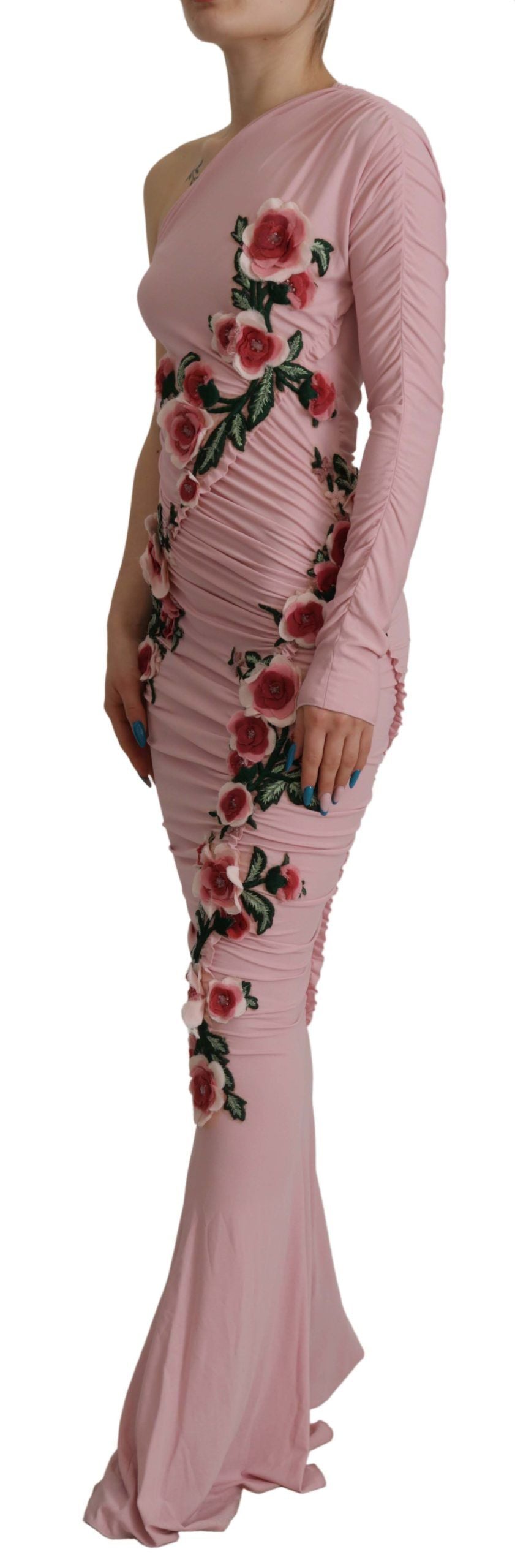 Dolce & Gabbana Pink Flower Embellished One Shoulder Women's Dress