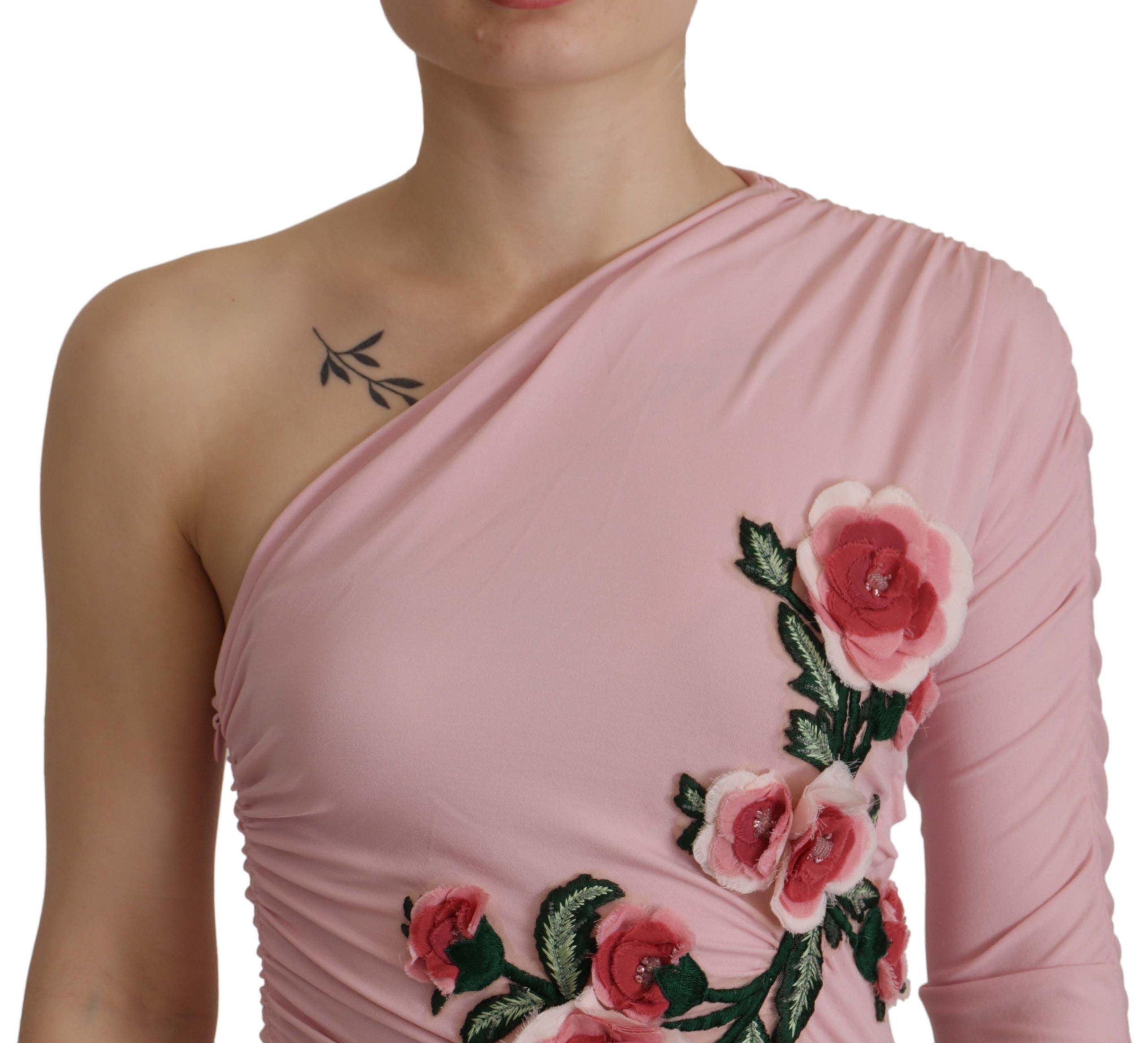 Dolce & Gabbana Pink Flower Embellished One Shoulder Women's Dress