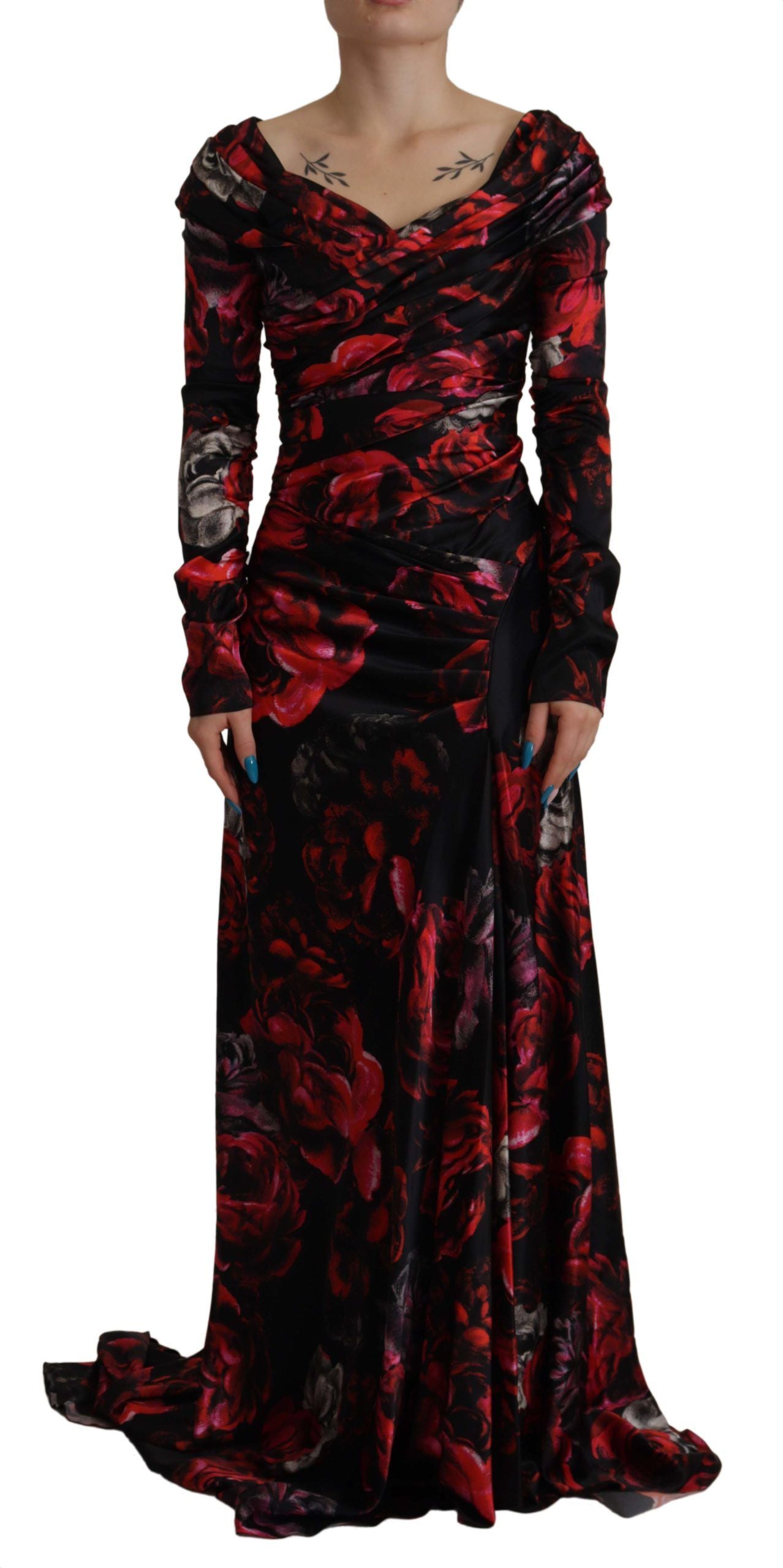 Dolce & Gabbana Black Floral Roses A-Line Sheath Gown Women's Dress