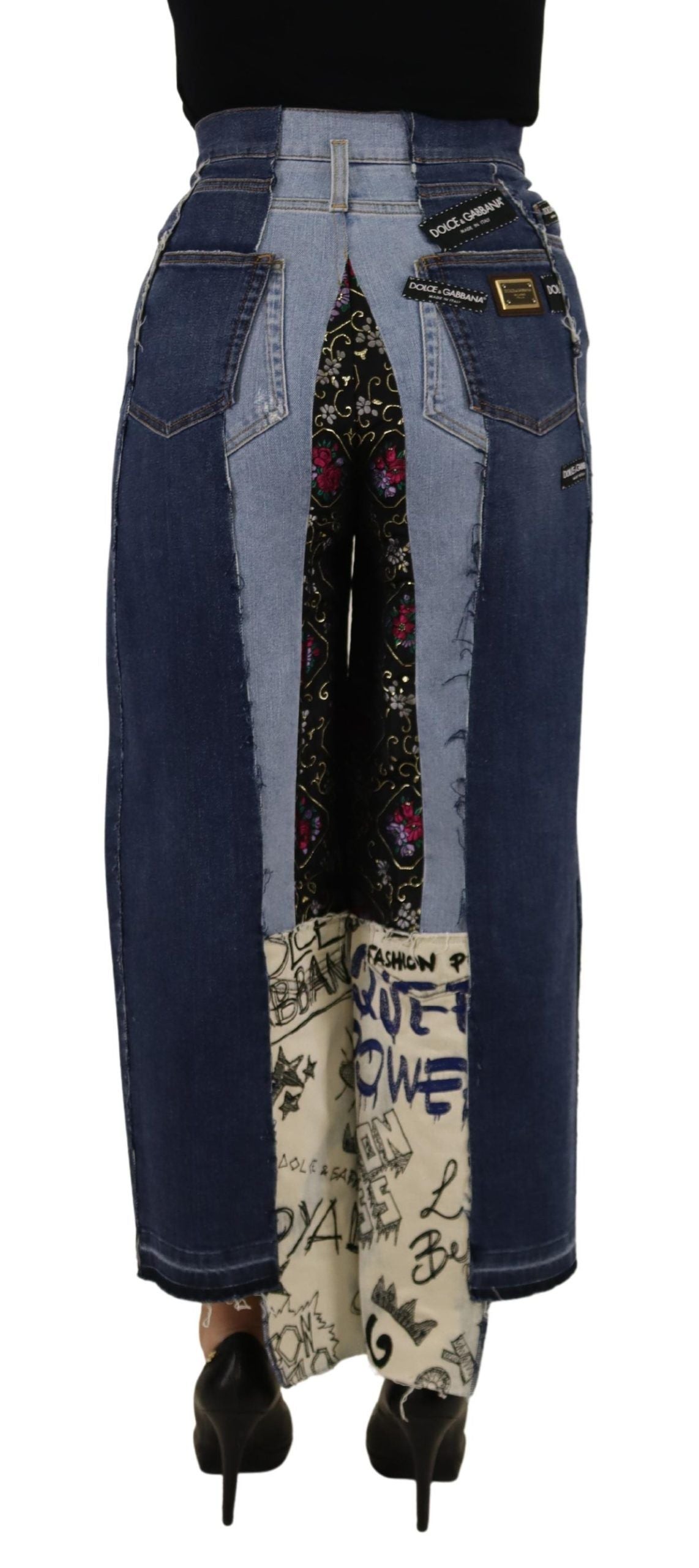 Dolce & Gabbana Multicolor Patchwork DG Fashion Wide Leg Denim Women's Pant