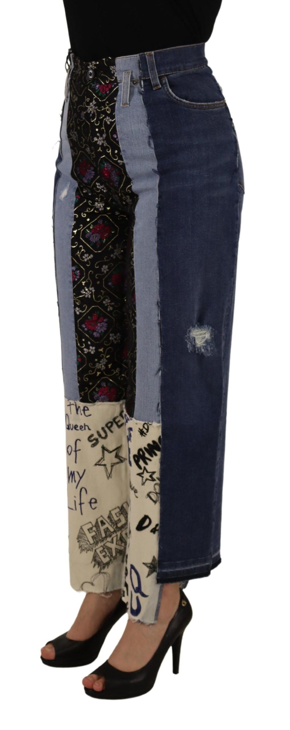 Dolce & Gabbana Multicolor Patchwork DG Fashion Wide Leg Denim Women's Pant