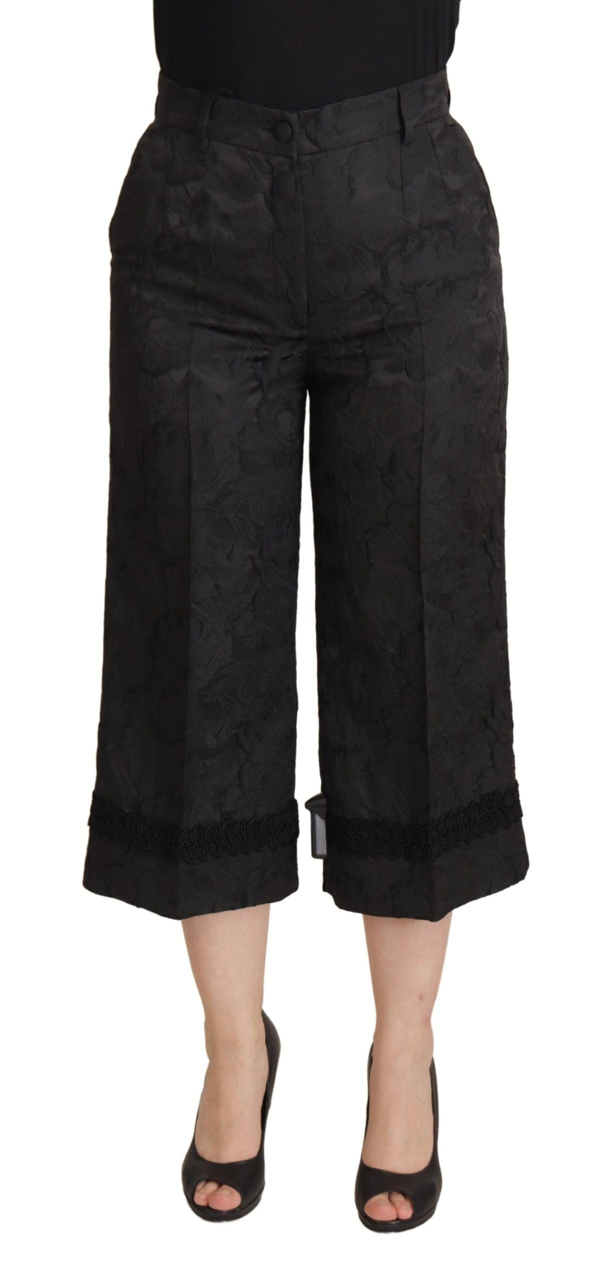 Dolce & Gabbana Black Brocade Cropped High Waist Women's Pants