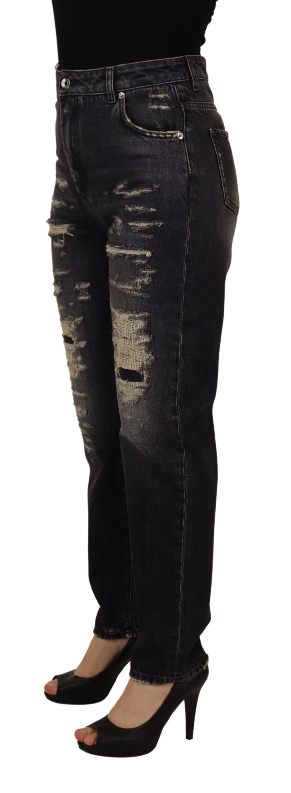 Dolce & Gabbana Black Washed Tattered High Waist Denim Women's Jeans