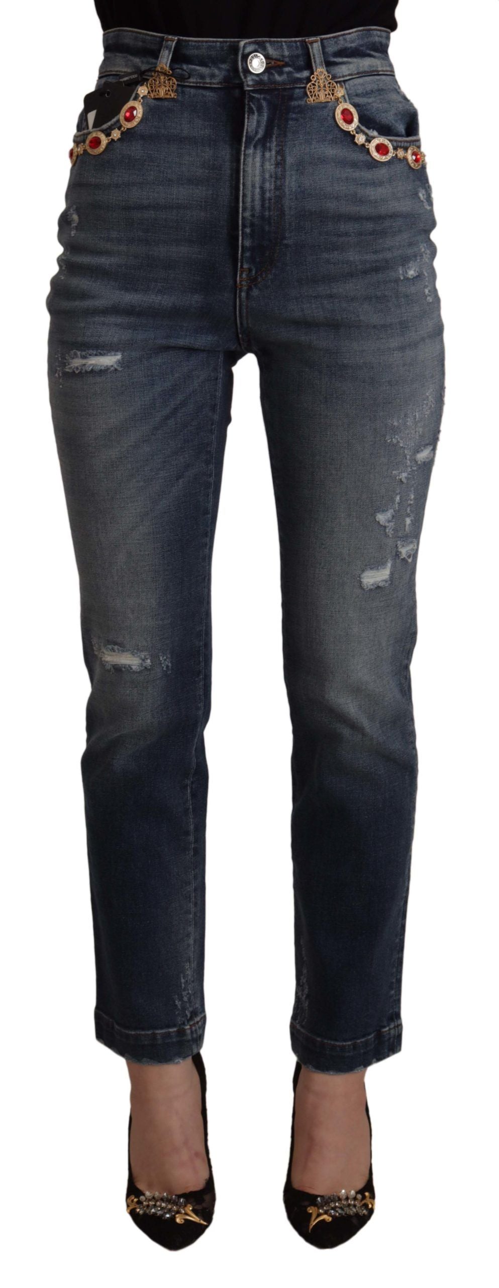 Dolce & Gabbana Blue Denim Crystal Embellished Pants Women's Jeans