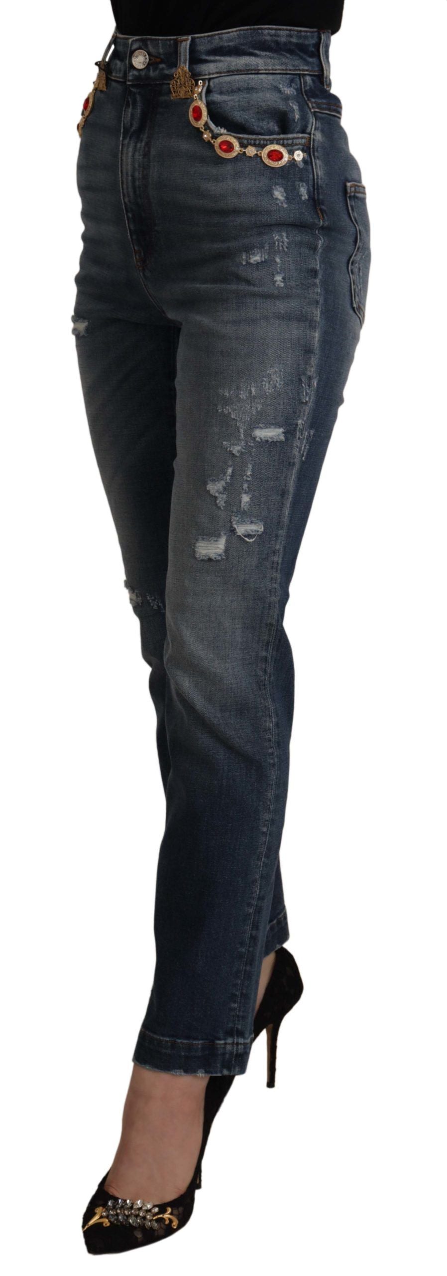 Dolce & Gabbana Blue Denim Crystal Embellished Pants Women's Jeans