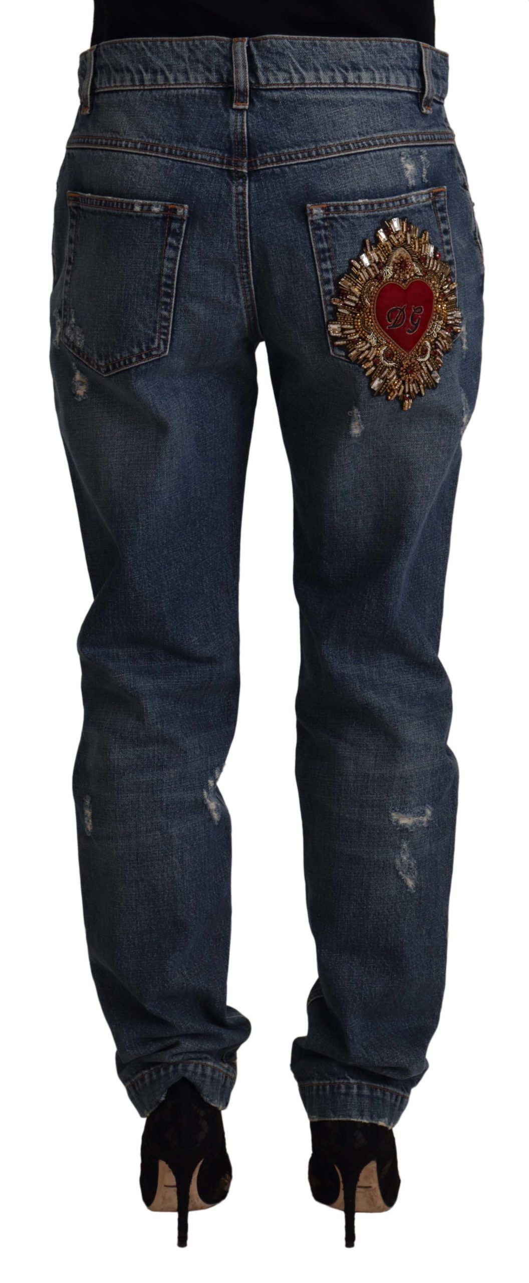 Dolce & Gabbana Blue Denim Baroque Heart Logo Patch Pants Women's Jeans