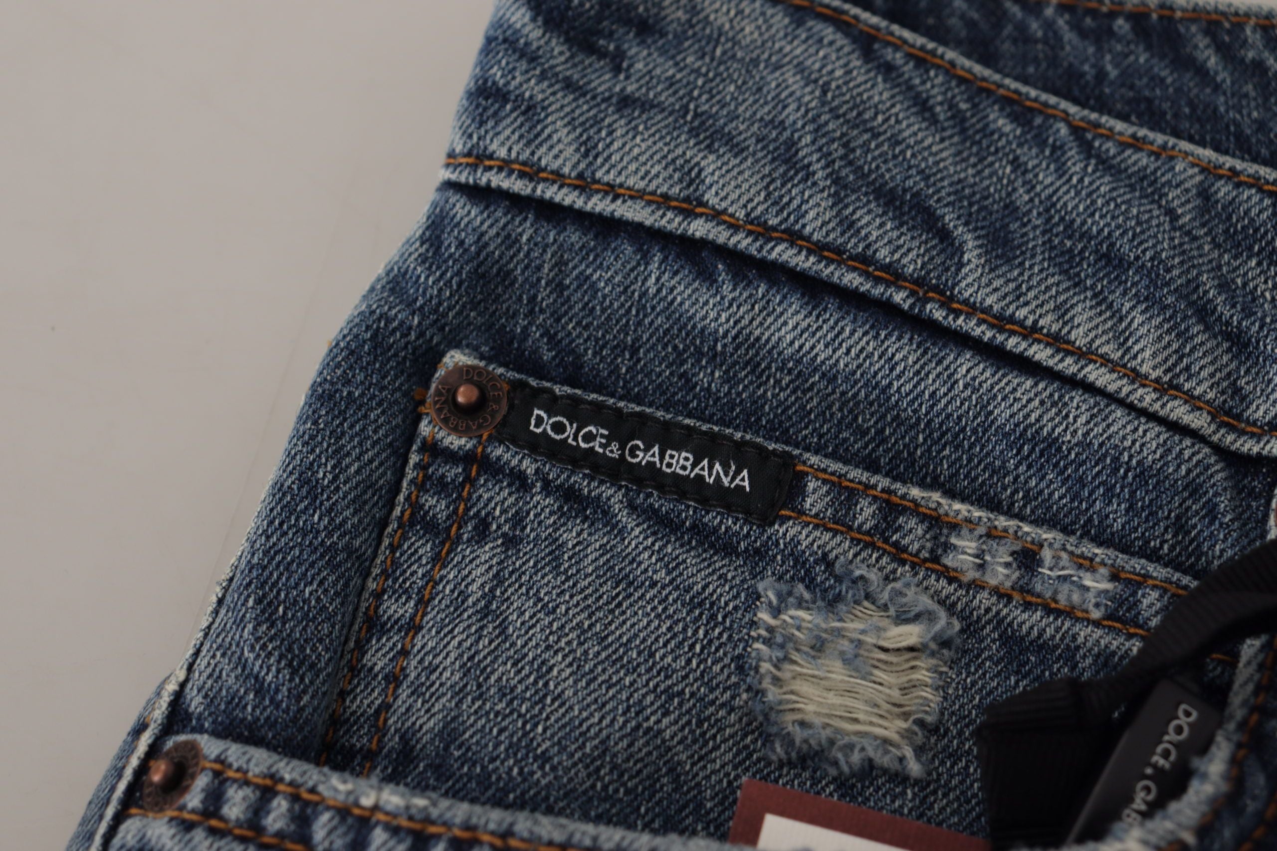 Dolce & Gabbana Blue Denim Baroque Heart Logo Patch Pants Women's Jeans