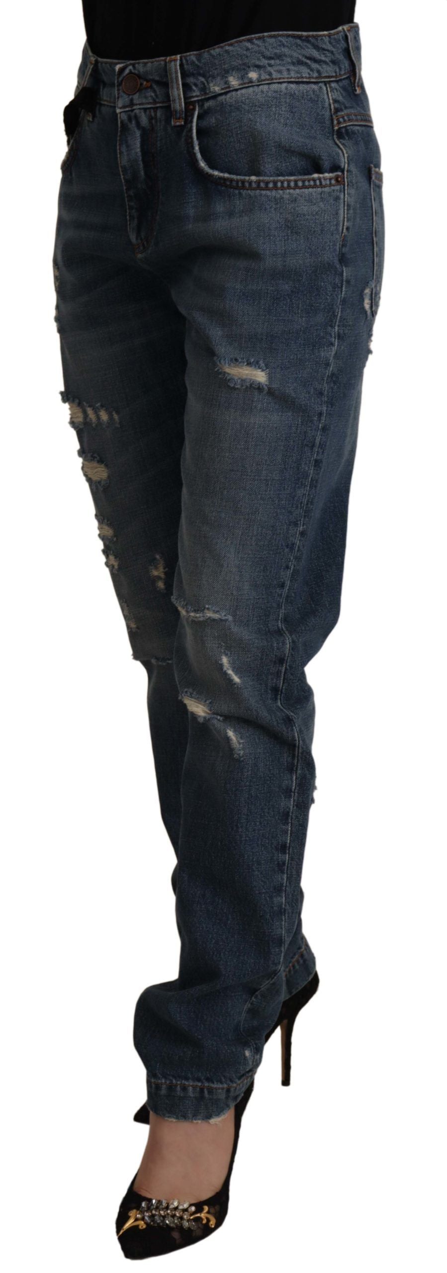 Dolce & Gabbana Blue Denim Baroque Heart Logo Patch Pants Women's Jeans