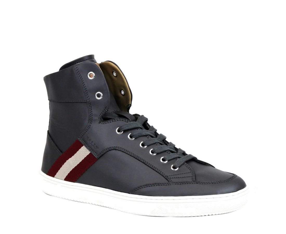 Bally Dark Grey Calf Leather Hi Top Sneaker With Red Men's Beige