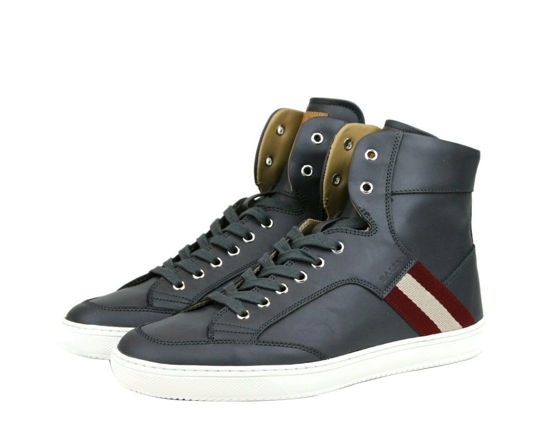 Bally Dark Grey Calf Leather Hi Top Sneaker With Red Men's Beige