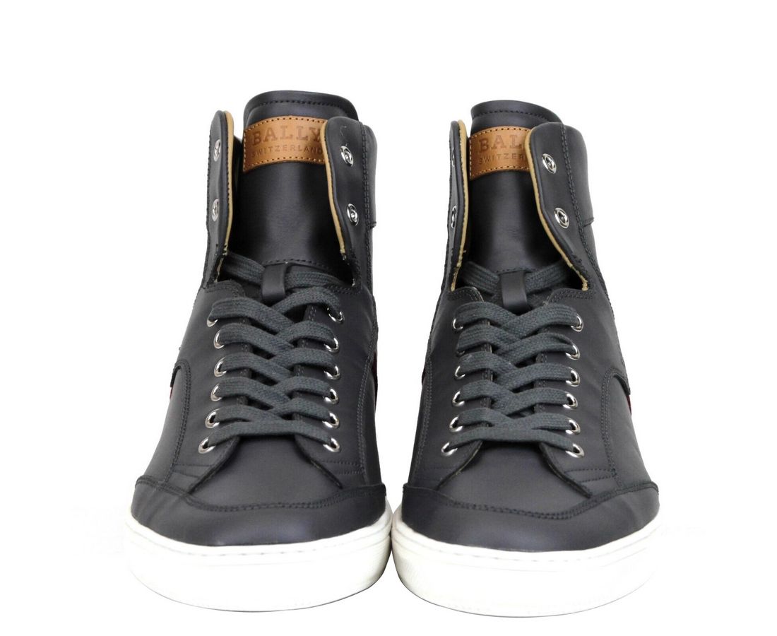 Bally Dark Grey Calf Leather Hi Top Sneaker With Red Men's Beige