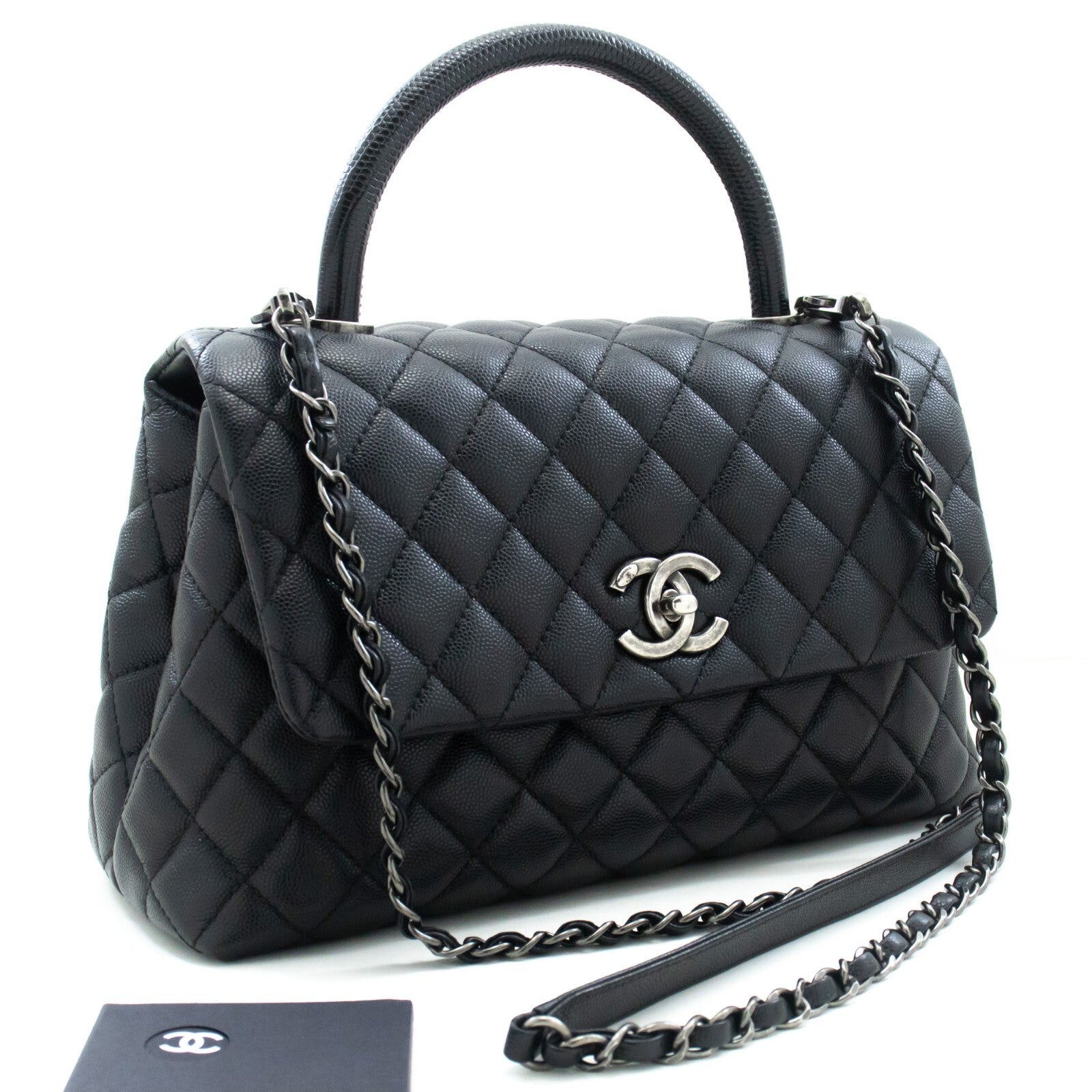 Chanel Top Handle Flap Quilted Caviar Leather Black Calfskin Handbag (Pre-Owned)