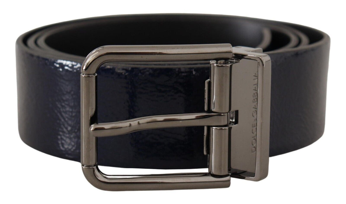 Dolce & Gabbana Blue Patent Leather Vernice Silver Logo Buckle Men's Belt
