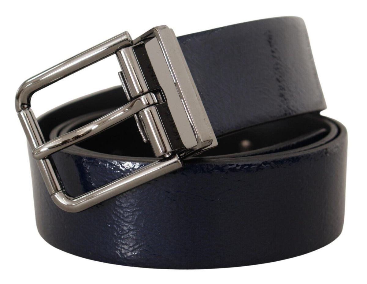 Dolce & Gabbana Blue Patent Leather Vernice Silver Logo Buckle Men's Belt