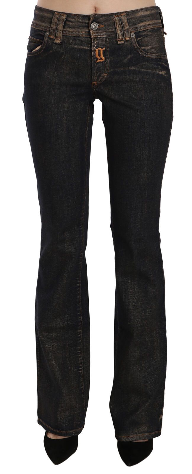 John Galliano Black Washed Mid Waist Flared Denim Pants Women's Cotton