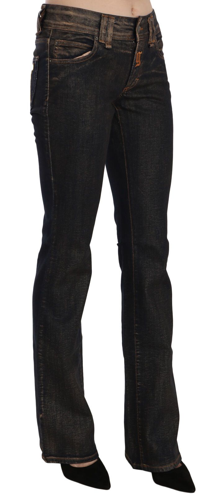 John Galliano Black Washed Mid Waist Flared Denim Pants Women's Cotton
