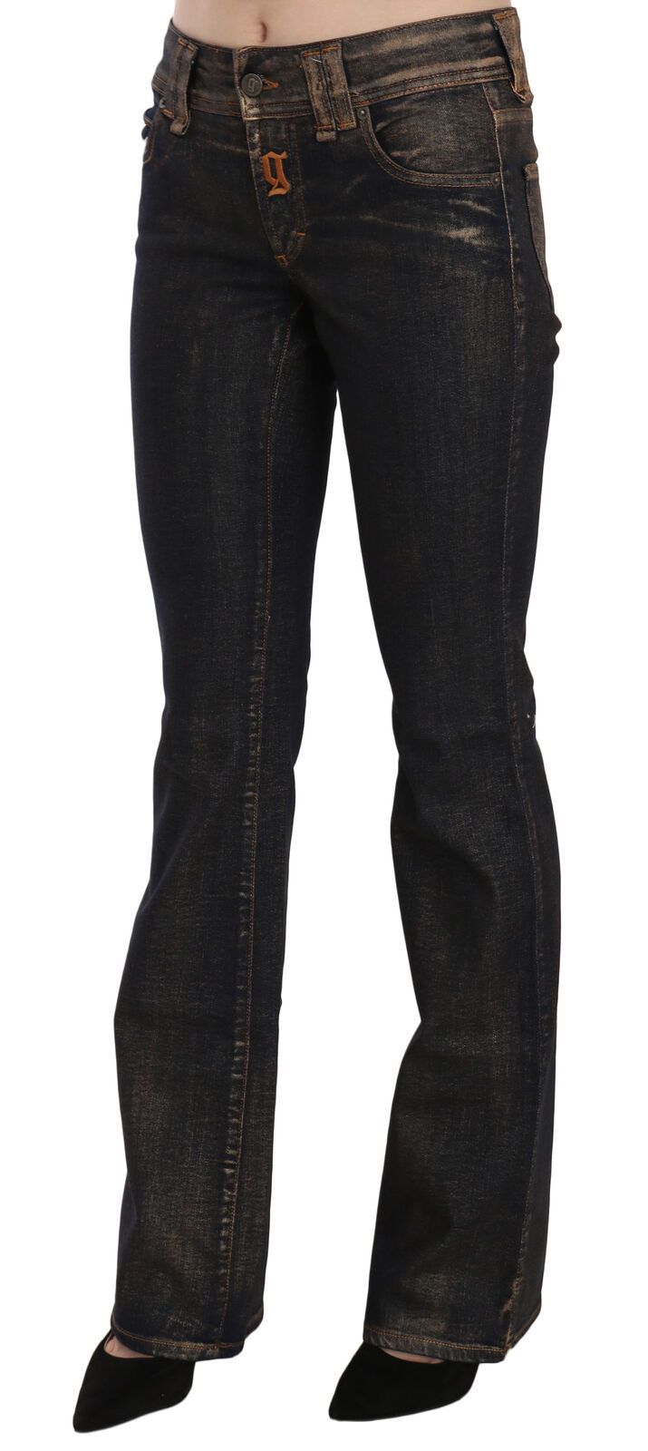 John Galliano Black Washed Mid Waist Flared Denim Pants Women's Cotton