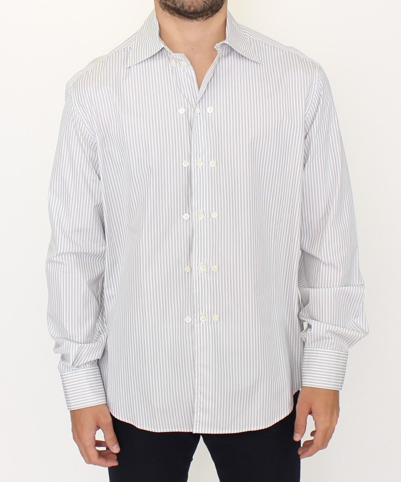 Ermanno Scervino White Gray Striped Regular Fit Casual Men's Shirt