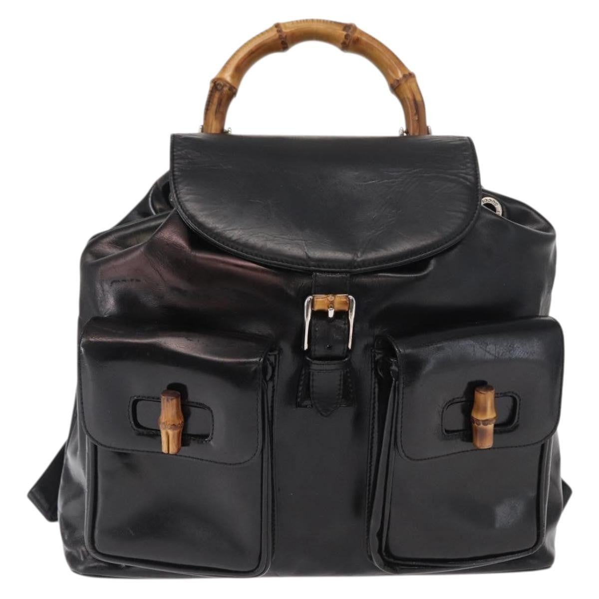 Gucci Vintage Bamboo Leather Black Leather Backpack Bag (Pre-Owned)
