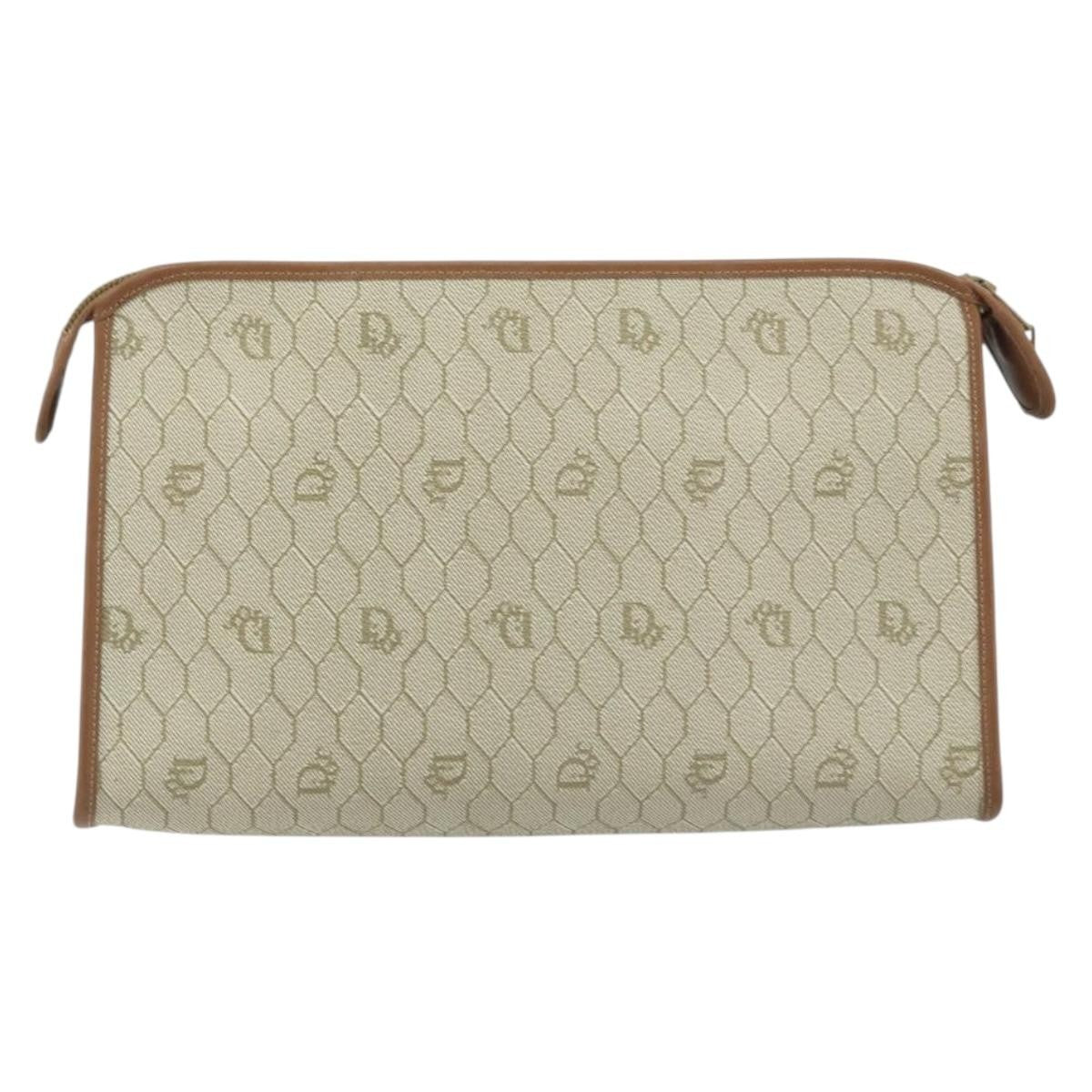 Christian Dior Vintage Honeycomb Zip Canvas And Leather Beige Canvas Clutche & Pouche Bag (Pre-Owned)