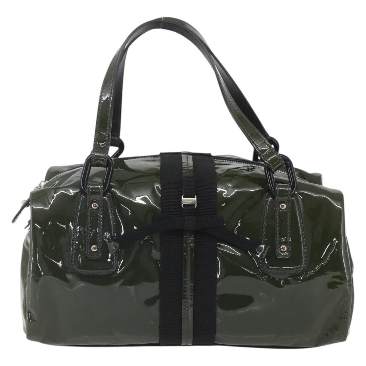 Salvatore Ferragamo Vintage Patent Leather Khaki Patent_Leather Handbag (Pre-Owned)