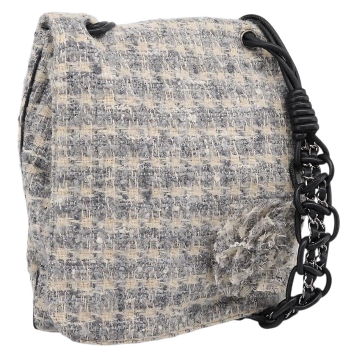Chanel Camellia Messenger Tweed Gray Canvas Shoulder Bag Bag (Pre-Owned)