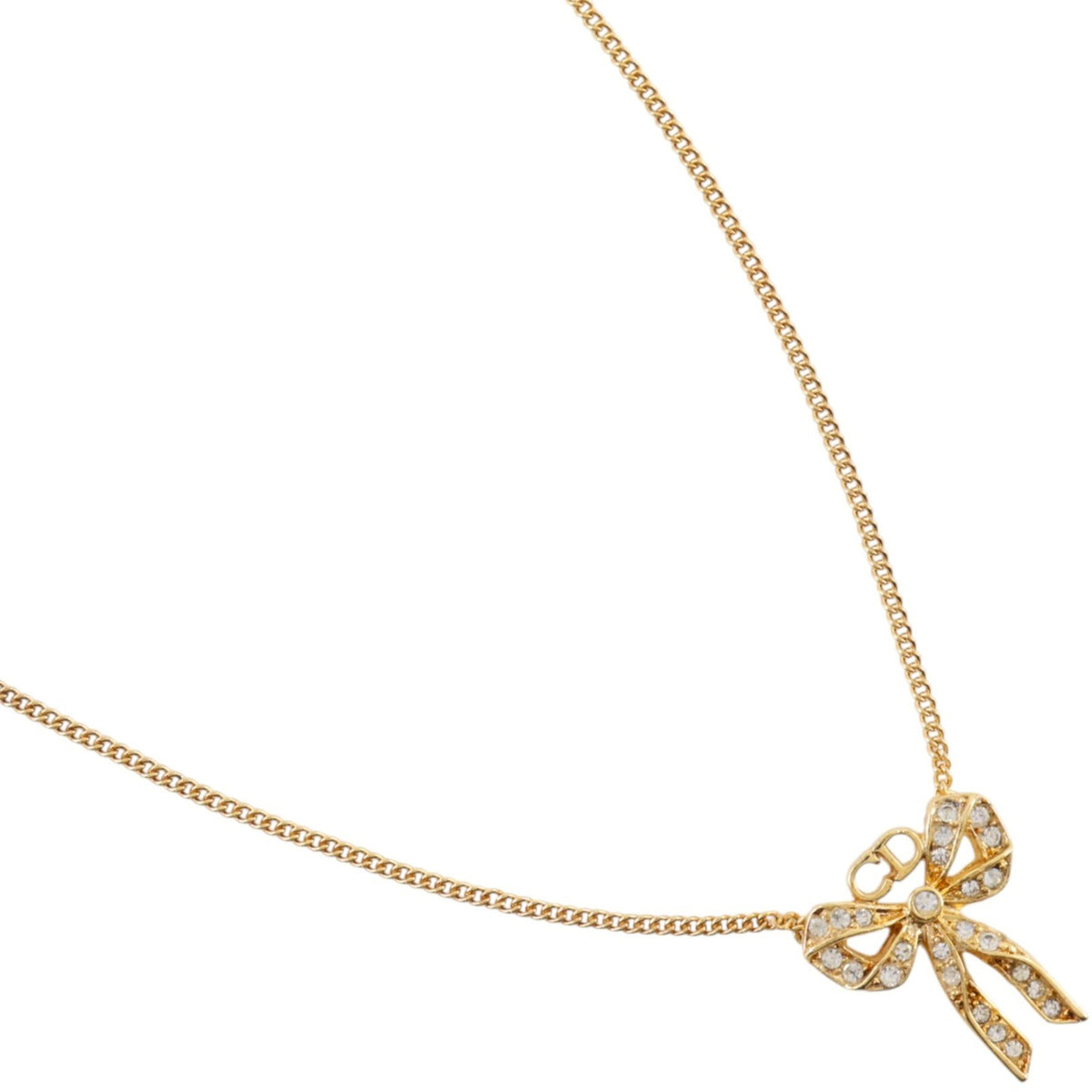 Christian Dior Bow Cd Pendant Metal With Crystal Gold Gold_Plated Necklace Jewelry (Pre-Owned)