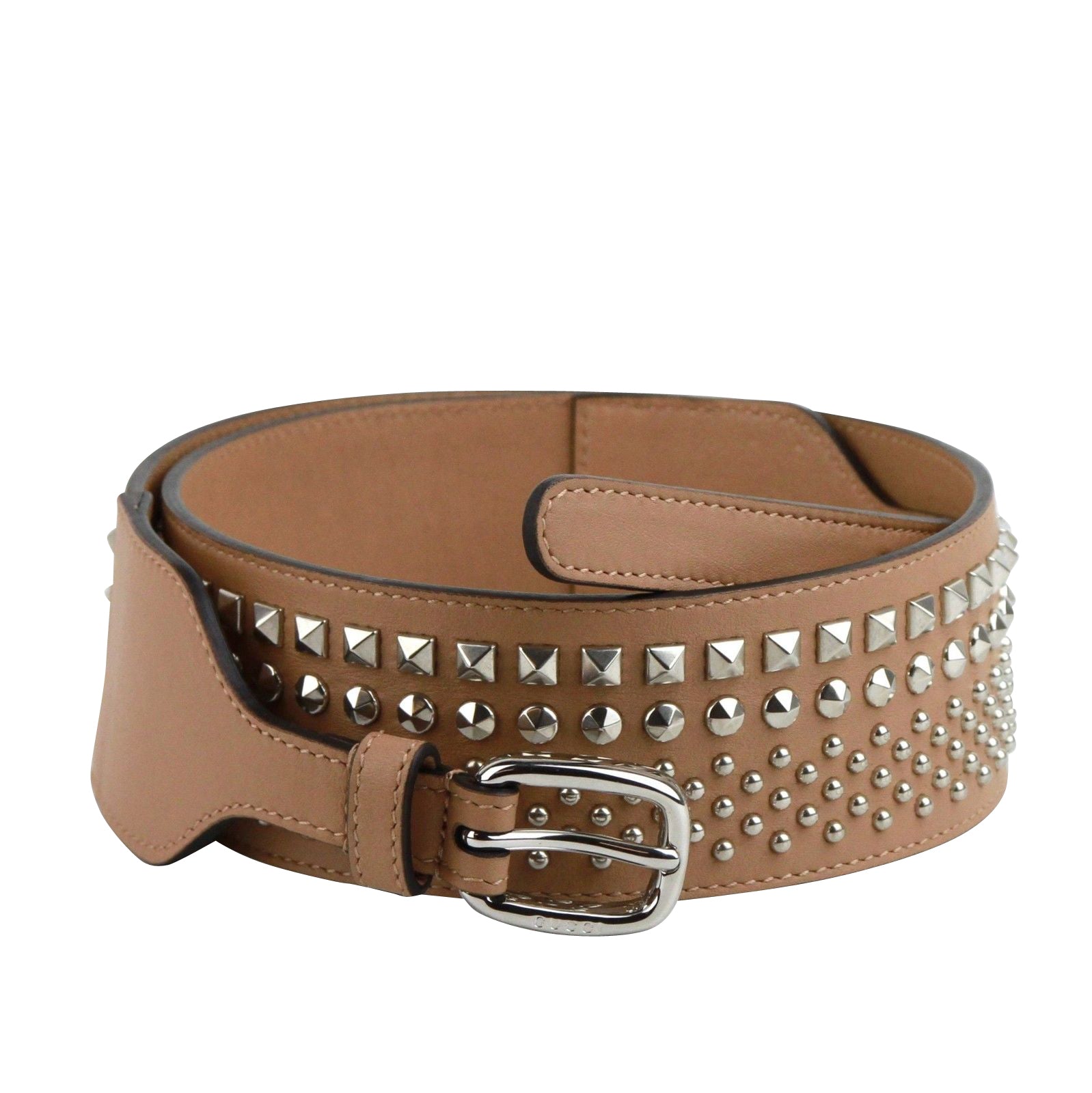 Gucci Women's Studded Skinny Silver Buckle Beige Leather Belt (95 / 38)