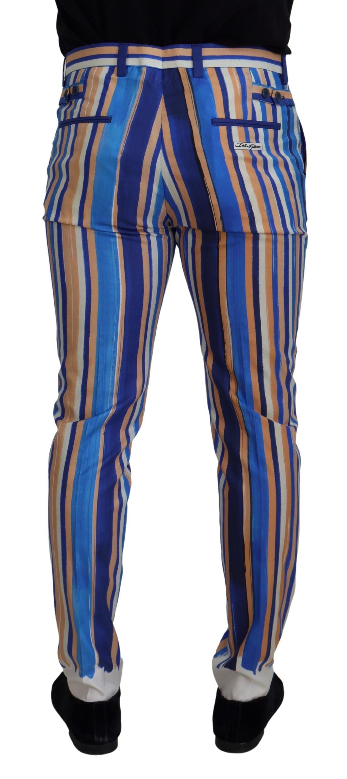 Dolce & Gabbana Blue Striped Silk Cotton Slim Trousers Men's Pants