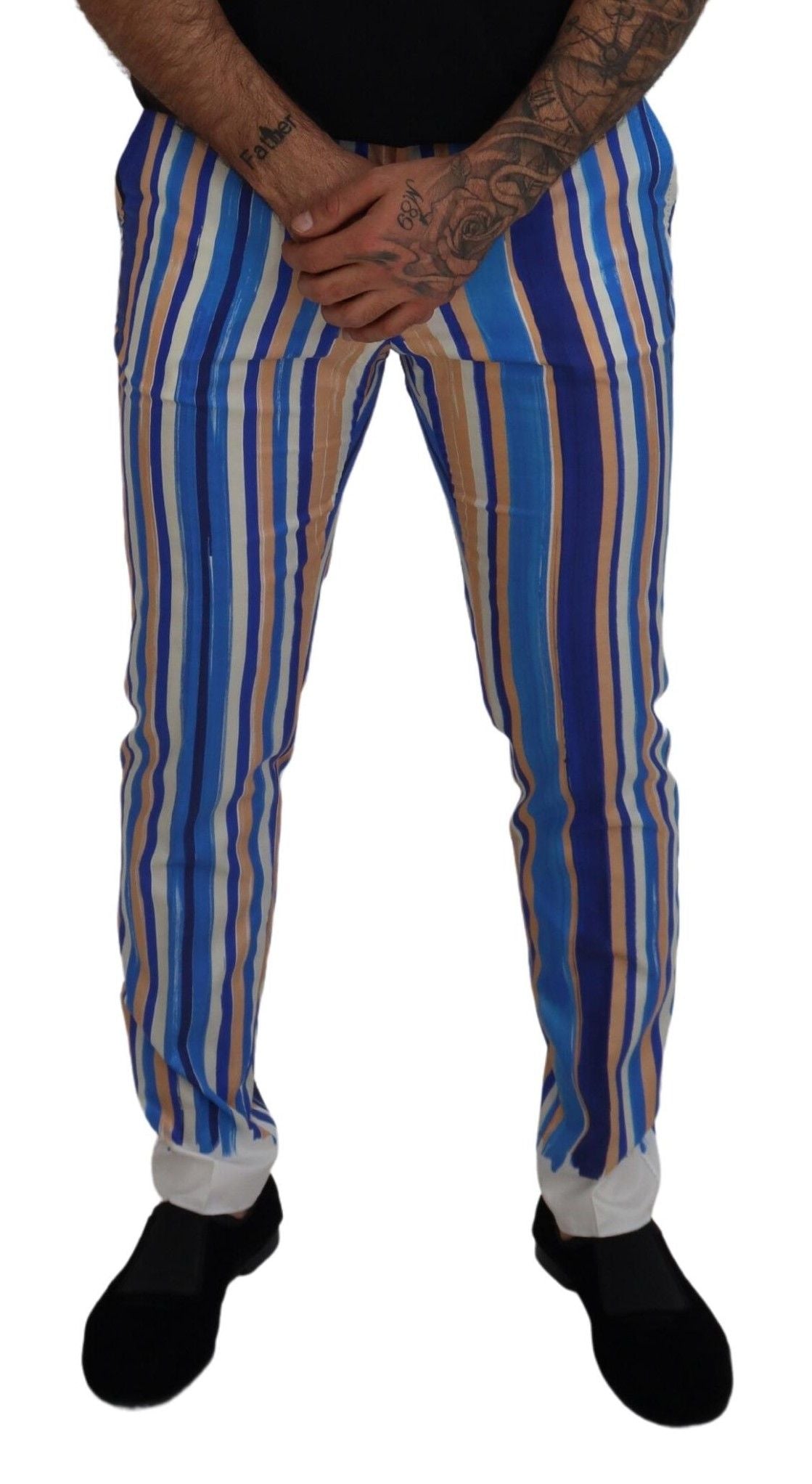 Dolce & Gabbana Blue Striped Silk Cotton Slim Trousers Men's Pants