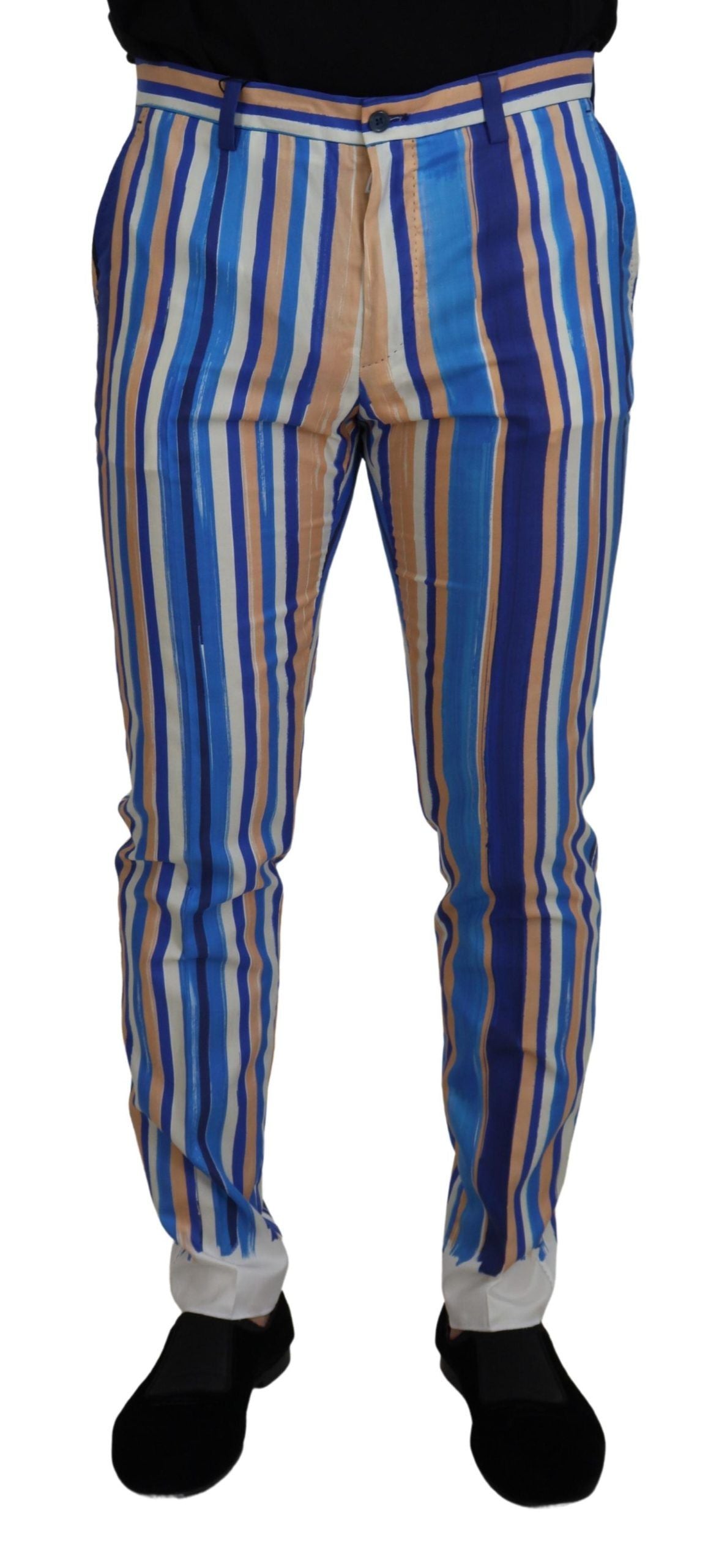 Dolce & Gabbana Blue Striped Silk Cotton Slim Trousers Men's Pants