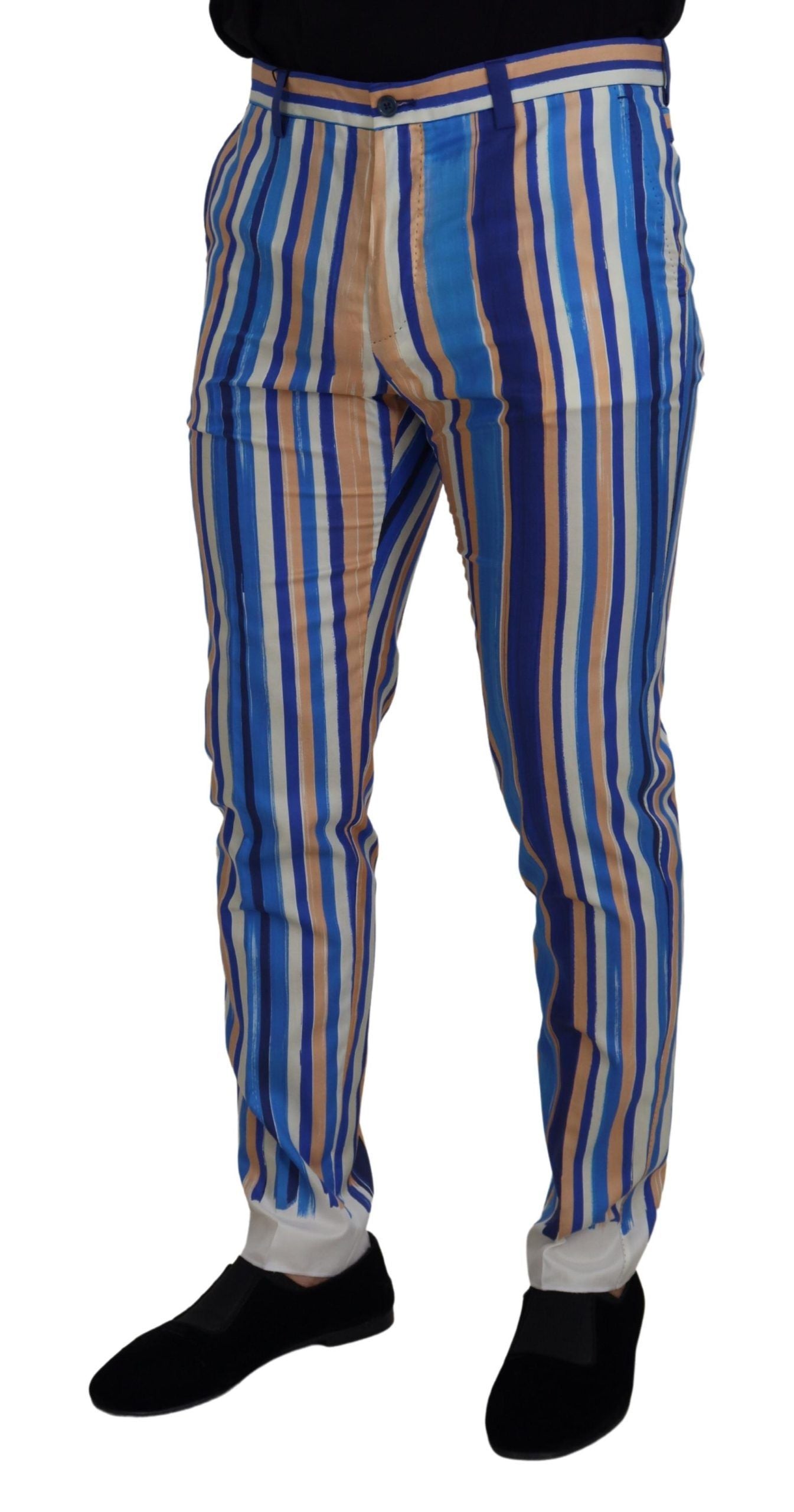 Dolce & Gabbana Blue Striped Silk Cotton Slim Trousers Men's Pants