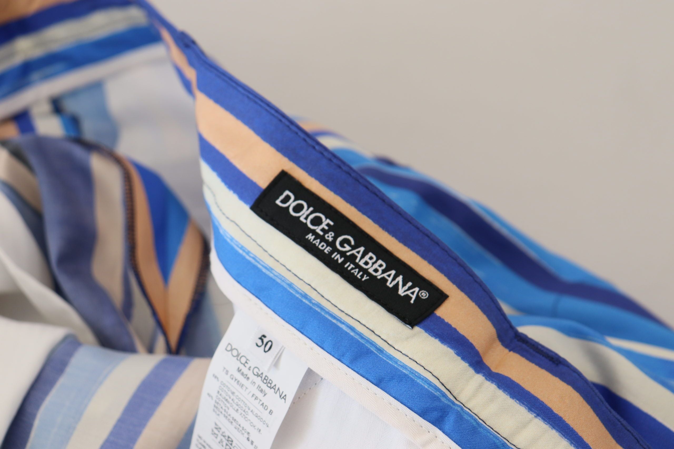 Dolce & Gabbana Blue Striped Silk Cotton Slim Trousers Men's Pants