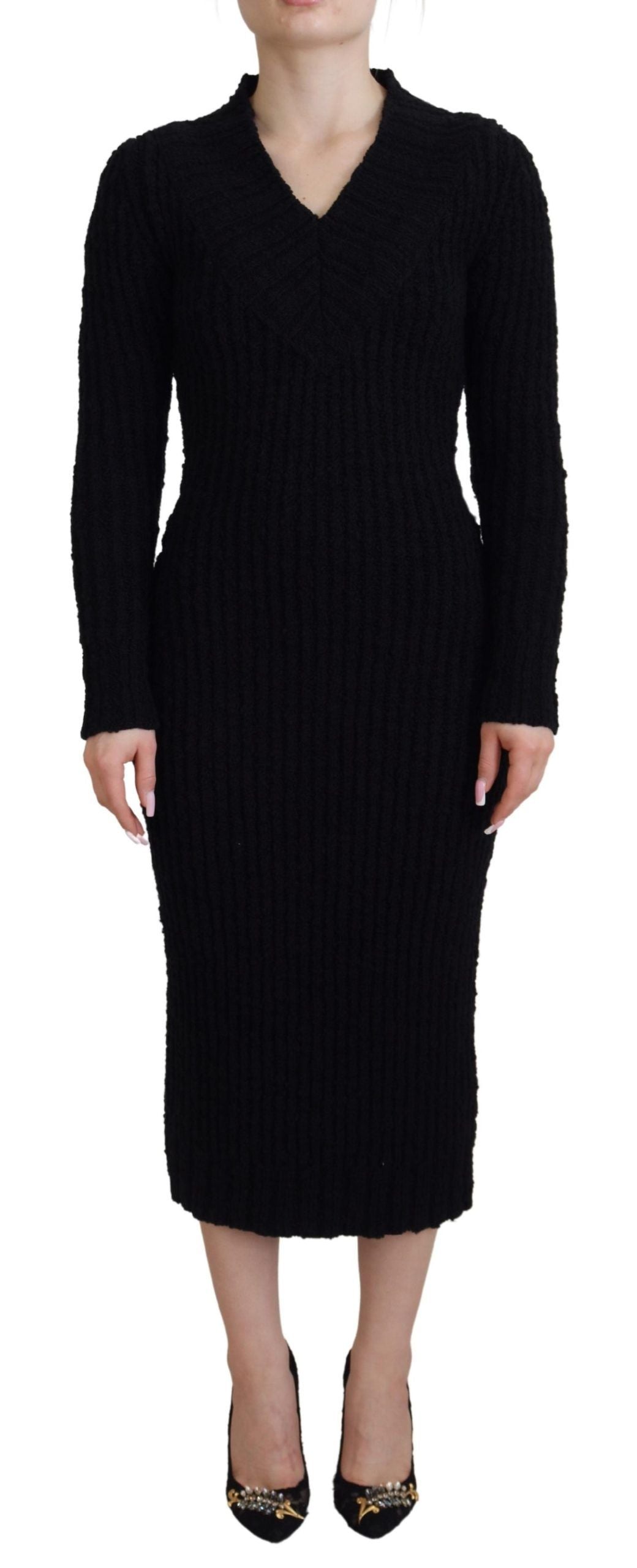 Dolce & Gabbana Black Wool Knitted Sheath Sweater Women's Dress