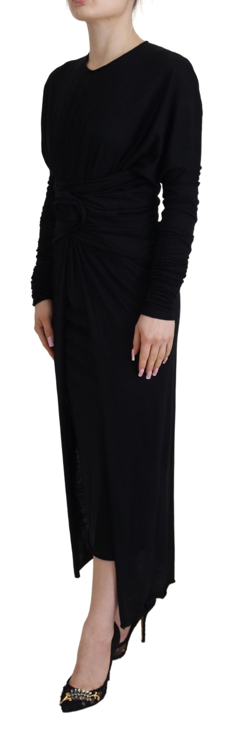 Dolce & Gabbana Black Sheath Midi Gown Wool Wrap Women's Dress