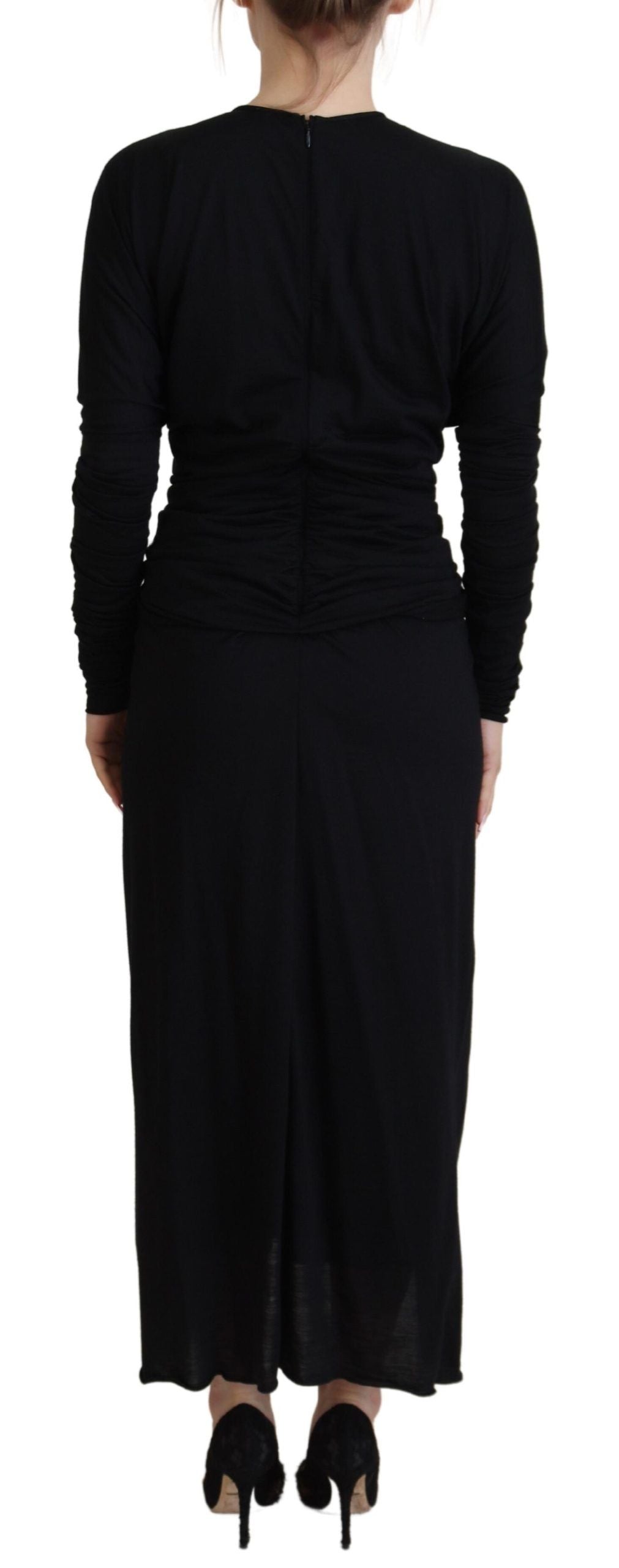Dolce & Gabbana Black Sheath Midi Gown Wool Wrap Women's Dress