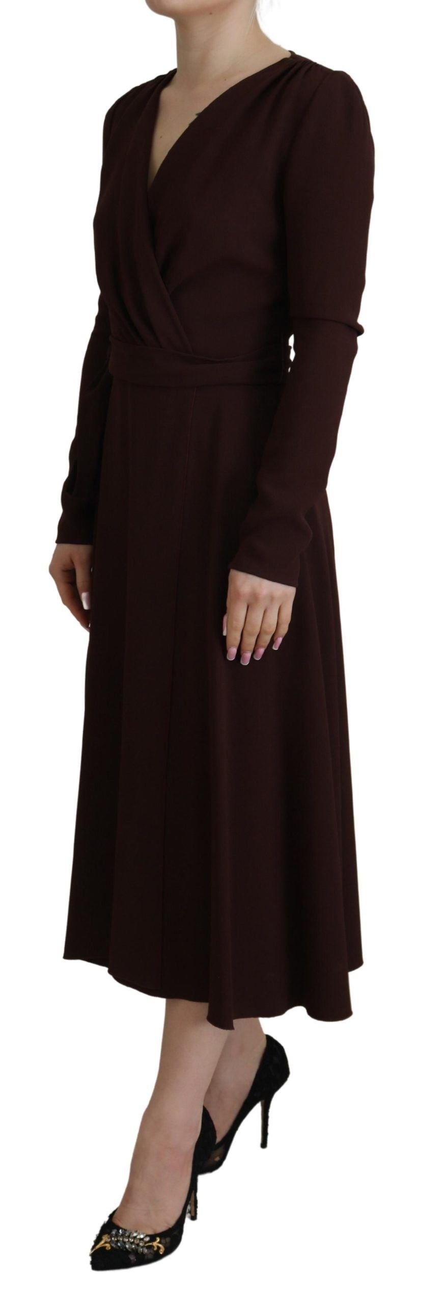 Dolce & Gabbana Brown Wrap Long Sleeve Midi Stretch Women's Dress