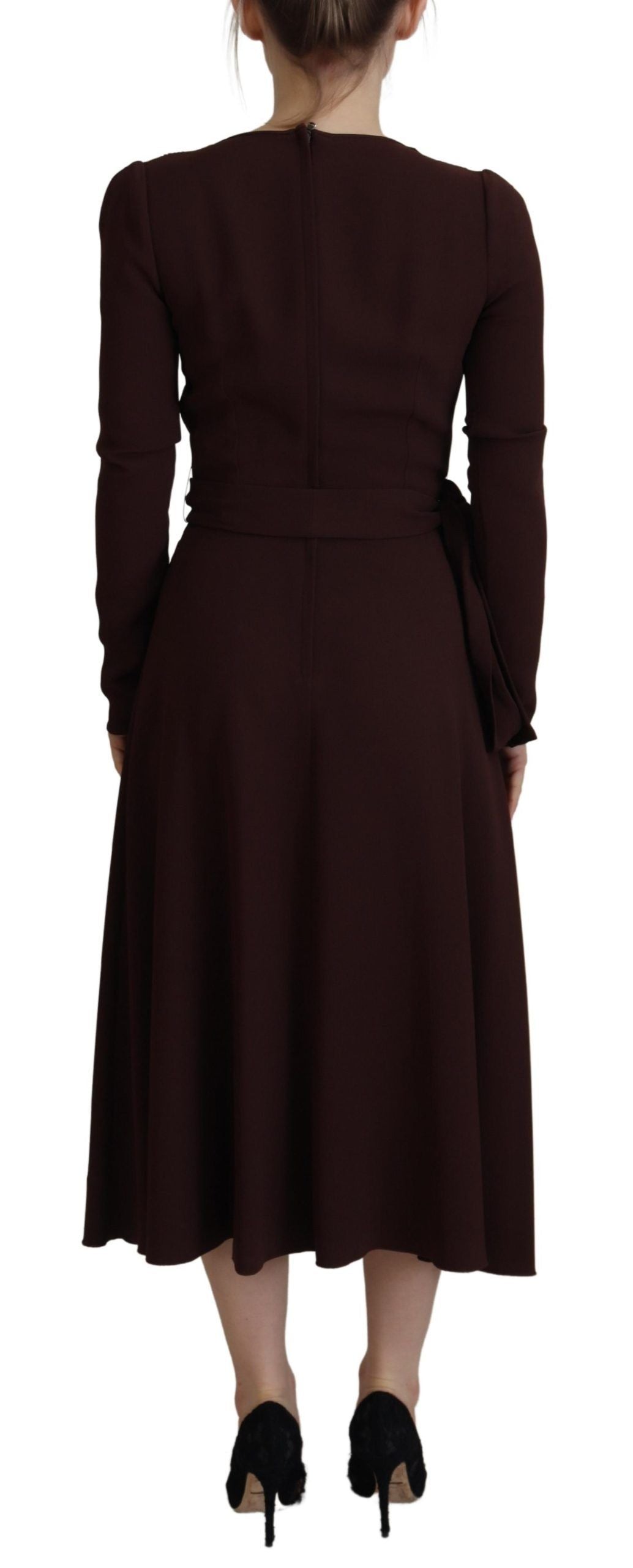 Dolce & Gabbana Brown Wrap Long Sleeve Midi Stretch Women's Dress