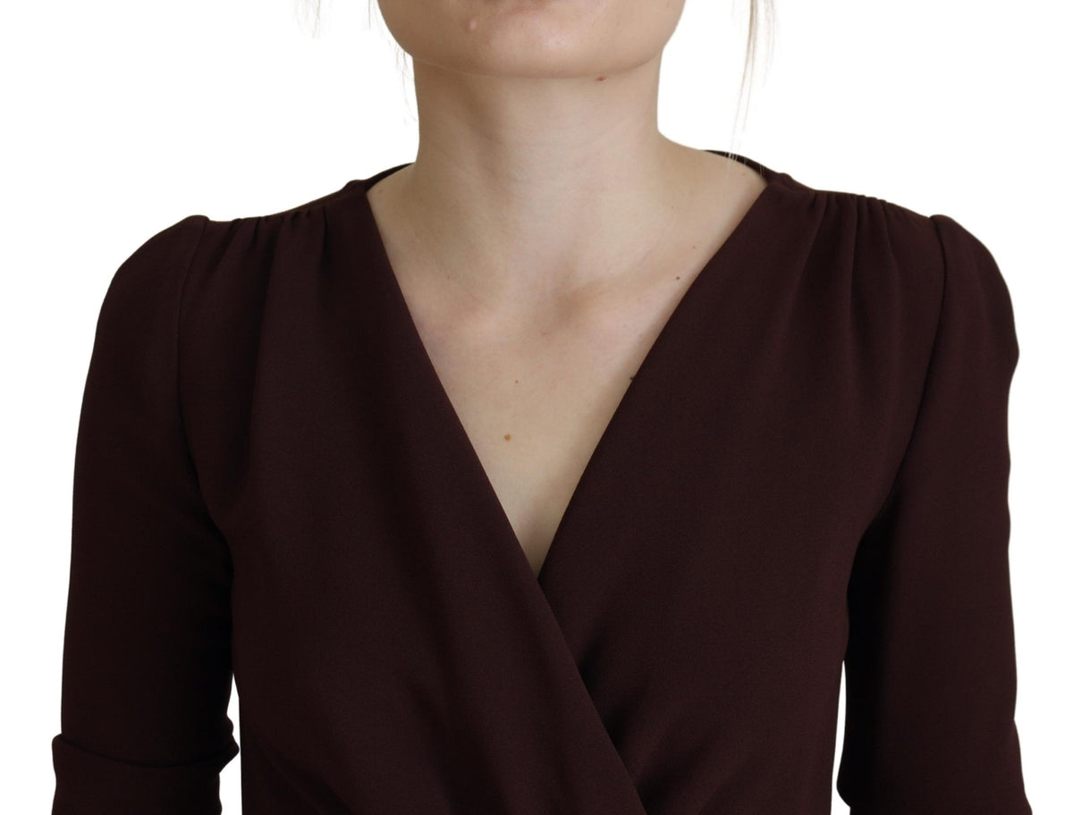 Dolce & Gabbana Brown Wrap Long Sleeve Midi Stretch Women's Dress