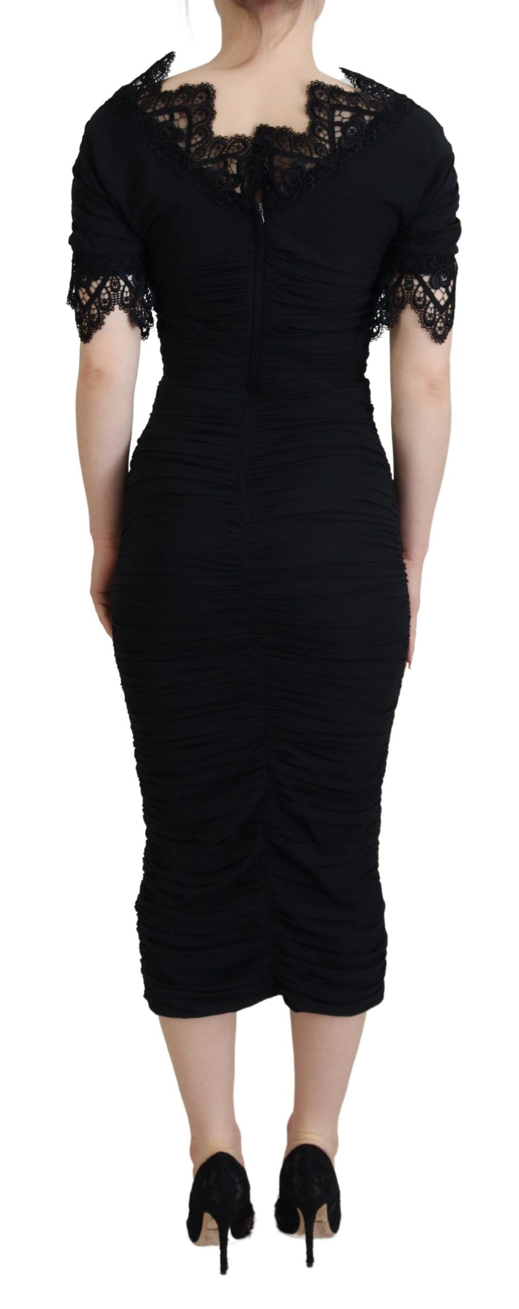 Dolce & Gabbana Black Sheath Midi Bodycon Lace Silk Women's Dress