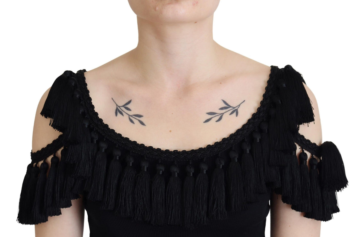Dolce & Gabbana Black Tank Top Women's Tassle Cotton Women's Blouse