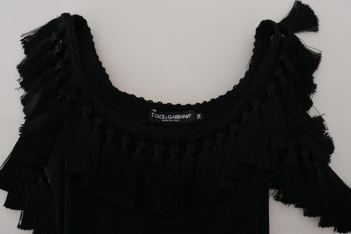 Dolce & Gabbana Black Tank Top Women's Tassle Cotton Women's Blouse