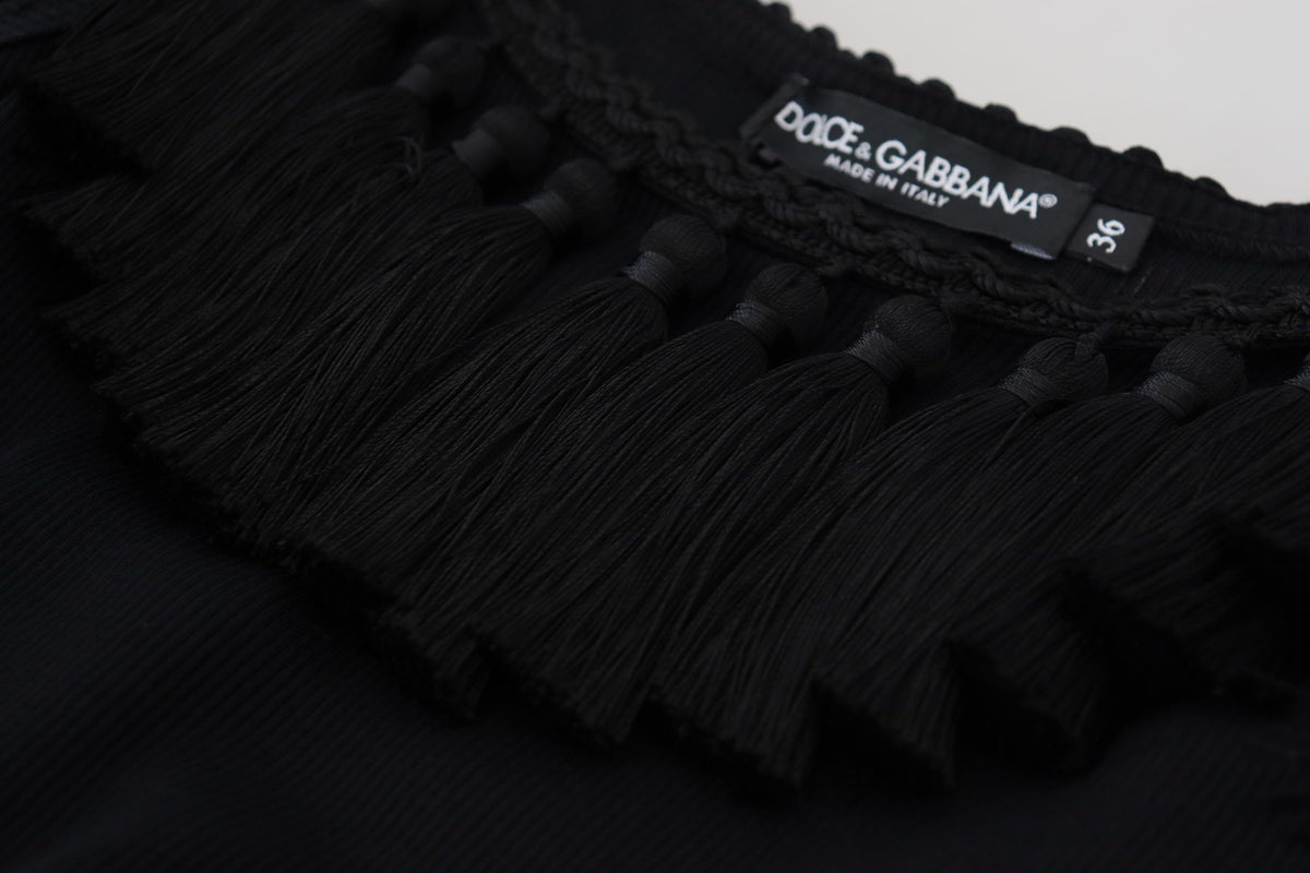 Dolce & Gabbana Black Tank Top Women's Tassle Cotton Women's Blouse