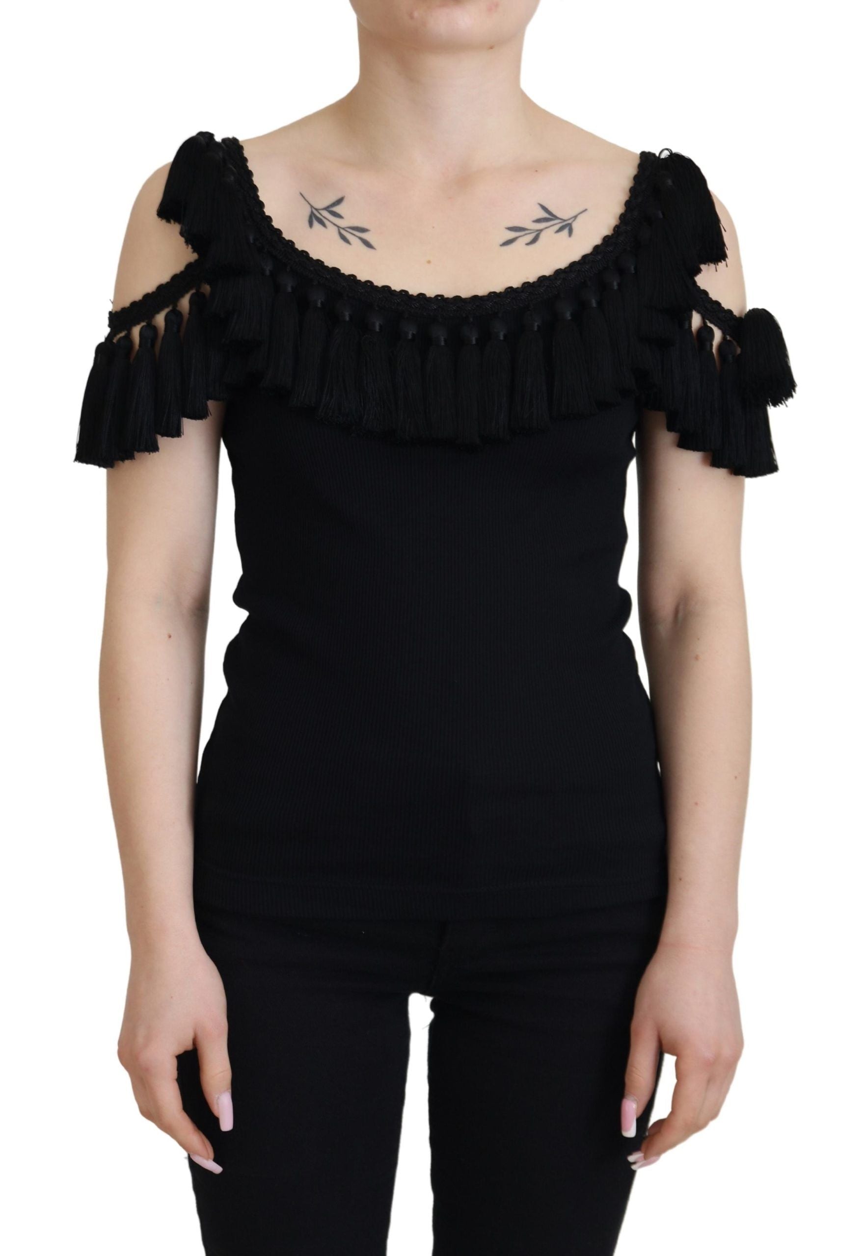 Dolce & Gabbana Black Tank Top Women's Tassle Cotton Women's Blouse
