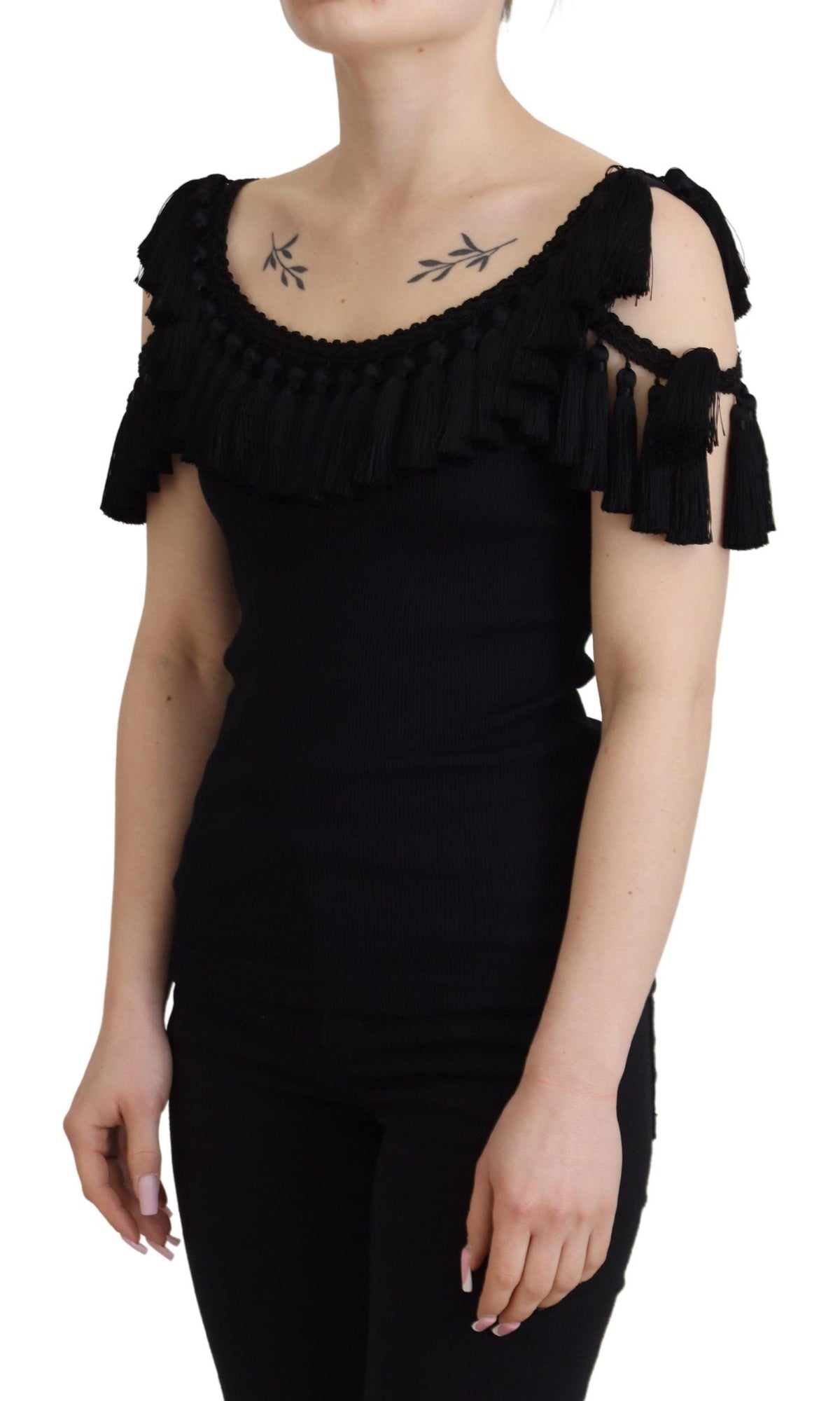 Dolce & Gabbana Black Tank Top Women's Tassle Cotton Women's Blouse