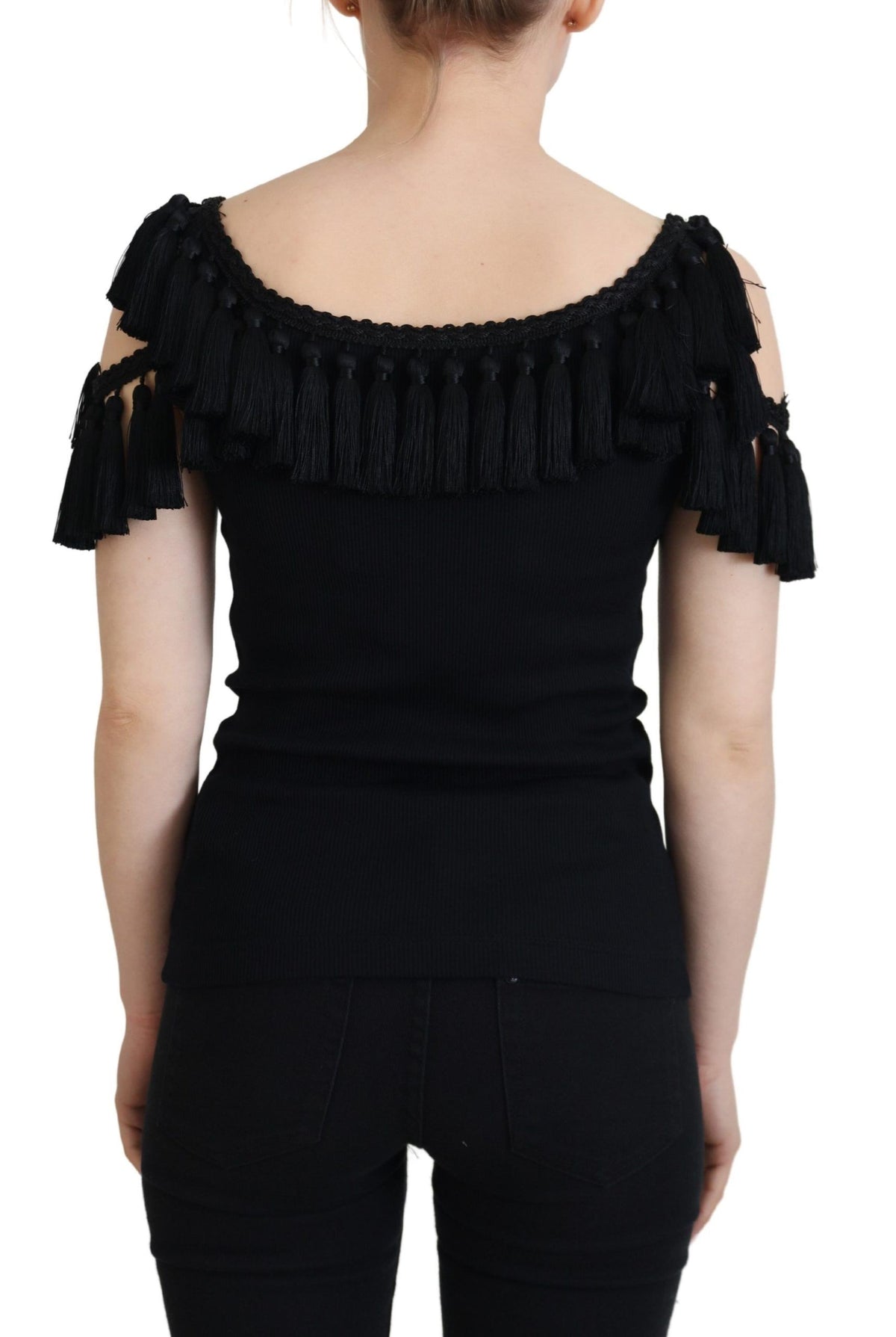 Dolce & Gabbana Black Tank Top Women's Tassle Cotton Women's Blouse