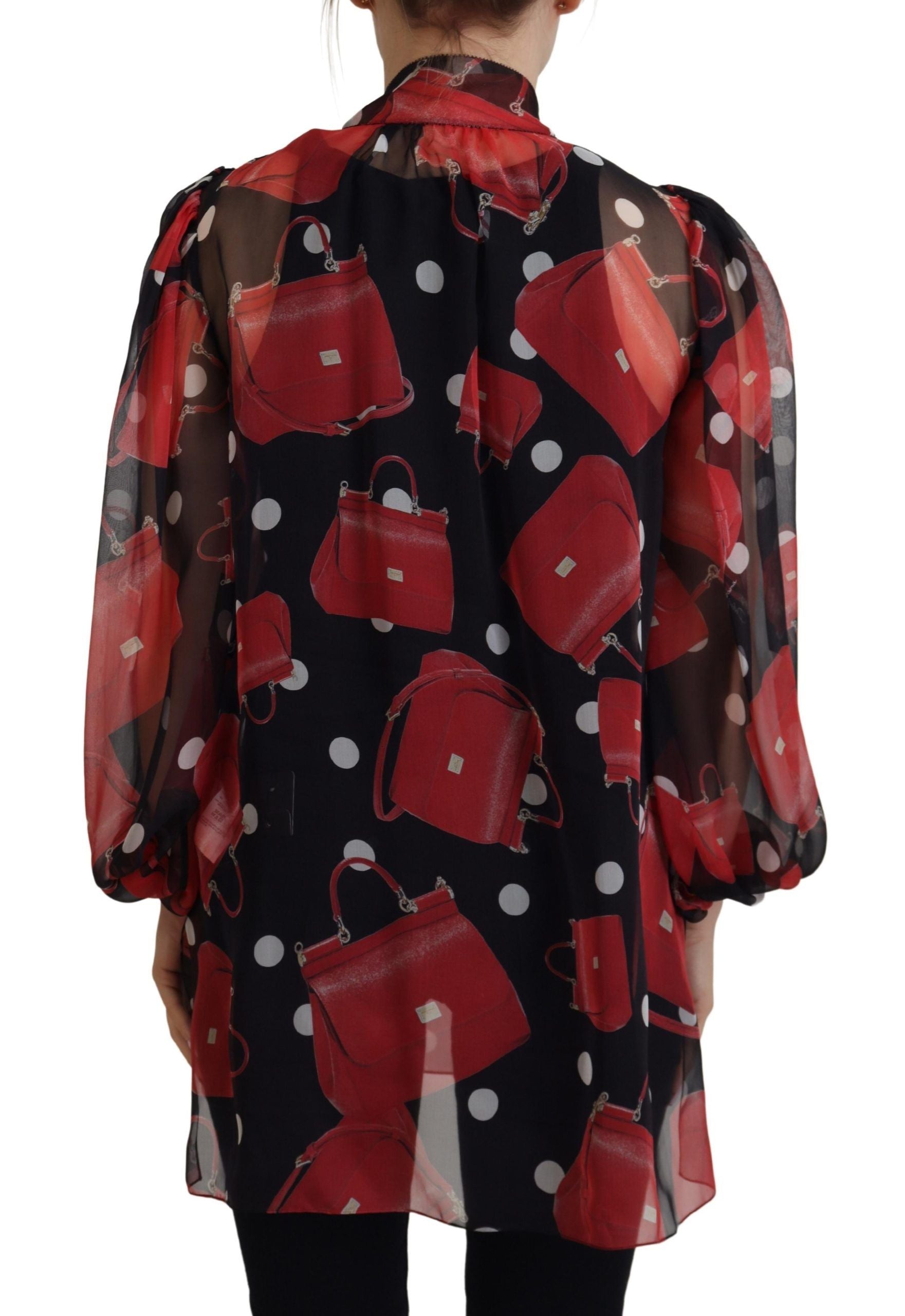 Dolce & Gabbana Black Red Sicily Bag Silk Shirt Top Women's Blouse
